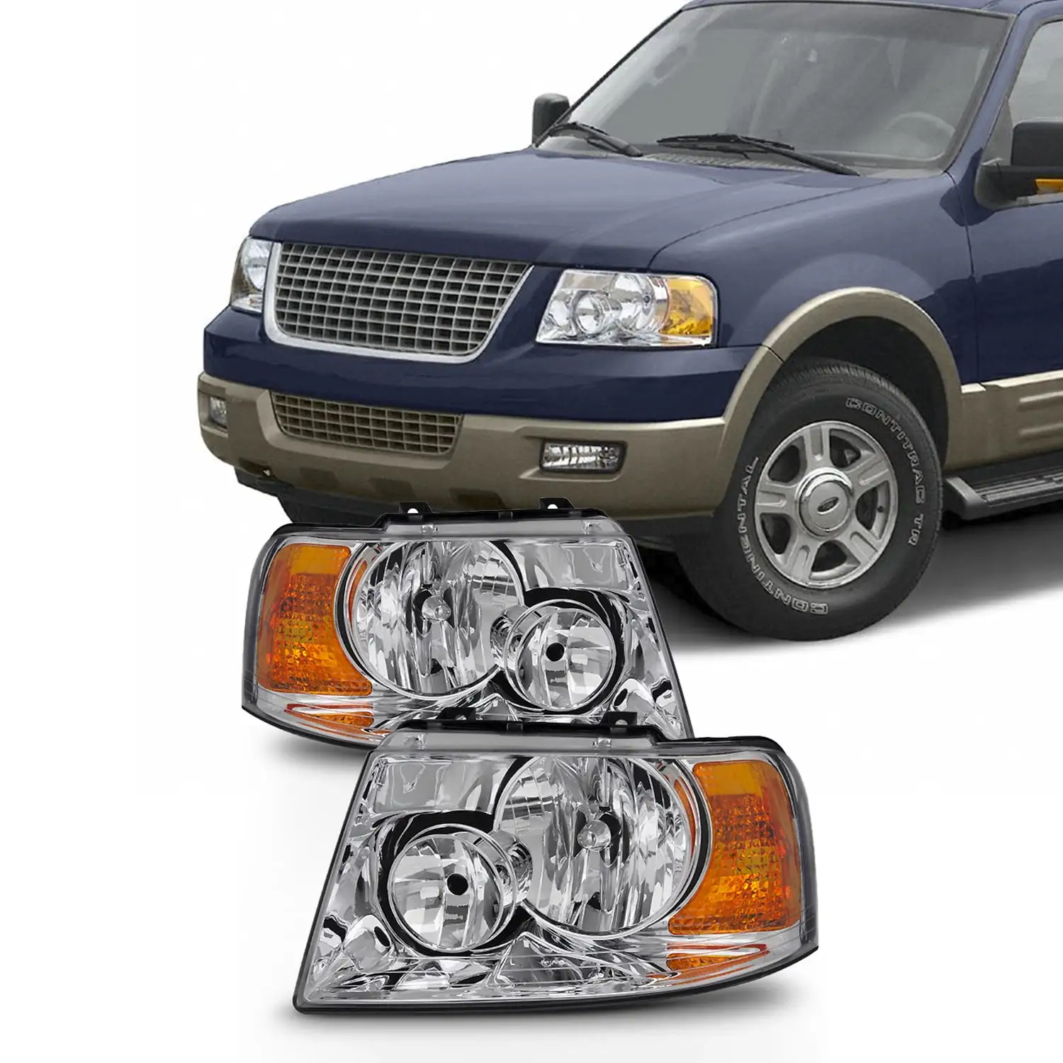 AKKON - For 03-06 Ford Expedition Chrome Clear Headlights Front Lamps Direct Replacement Pair Left + Right