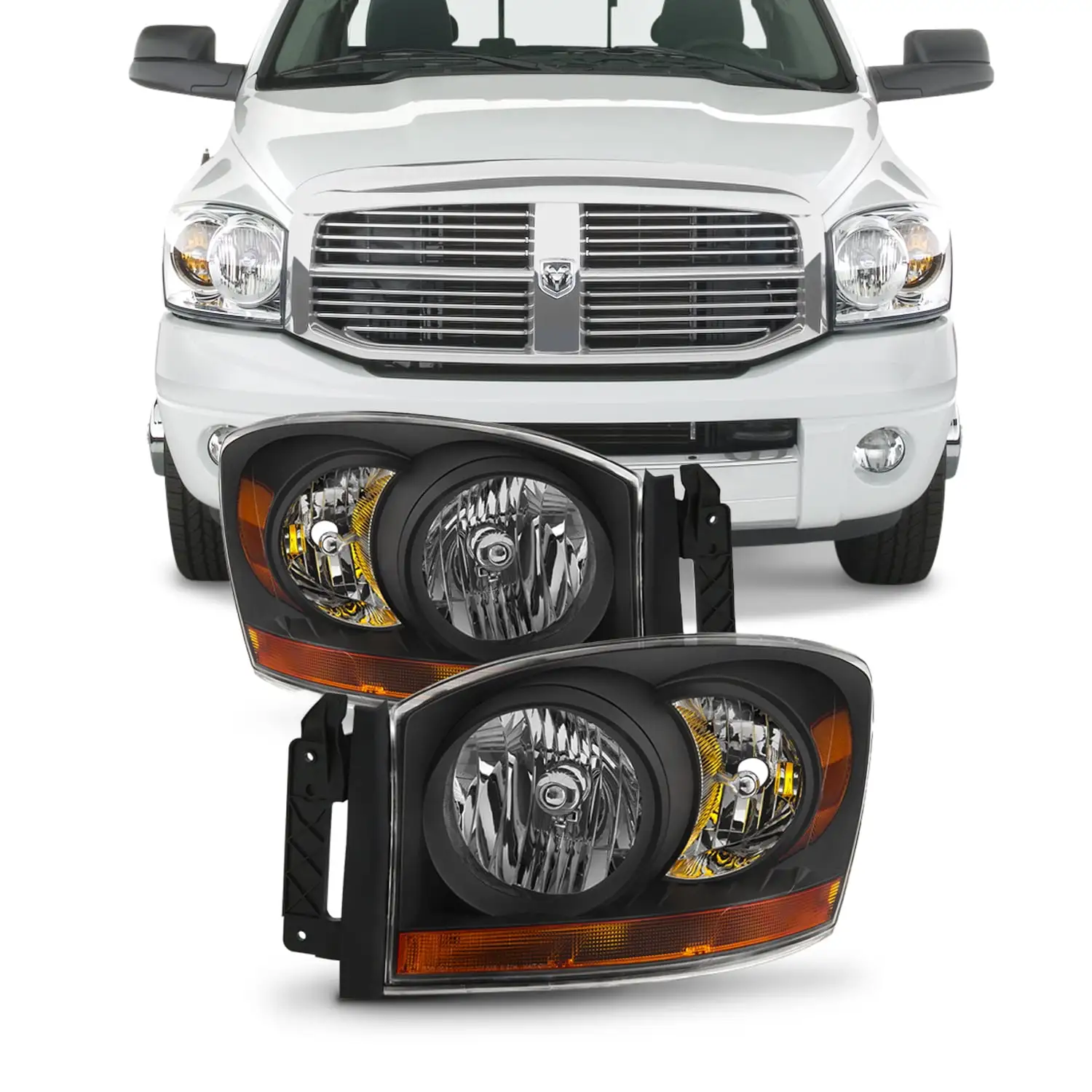 AKKON - For 06-08 Ram 1500 06-09 Ram 2500 3500 Pickup Truck Black Headlights Front Lamps Direct Replacement