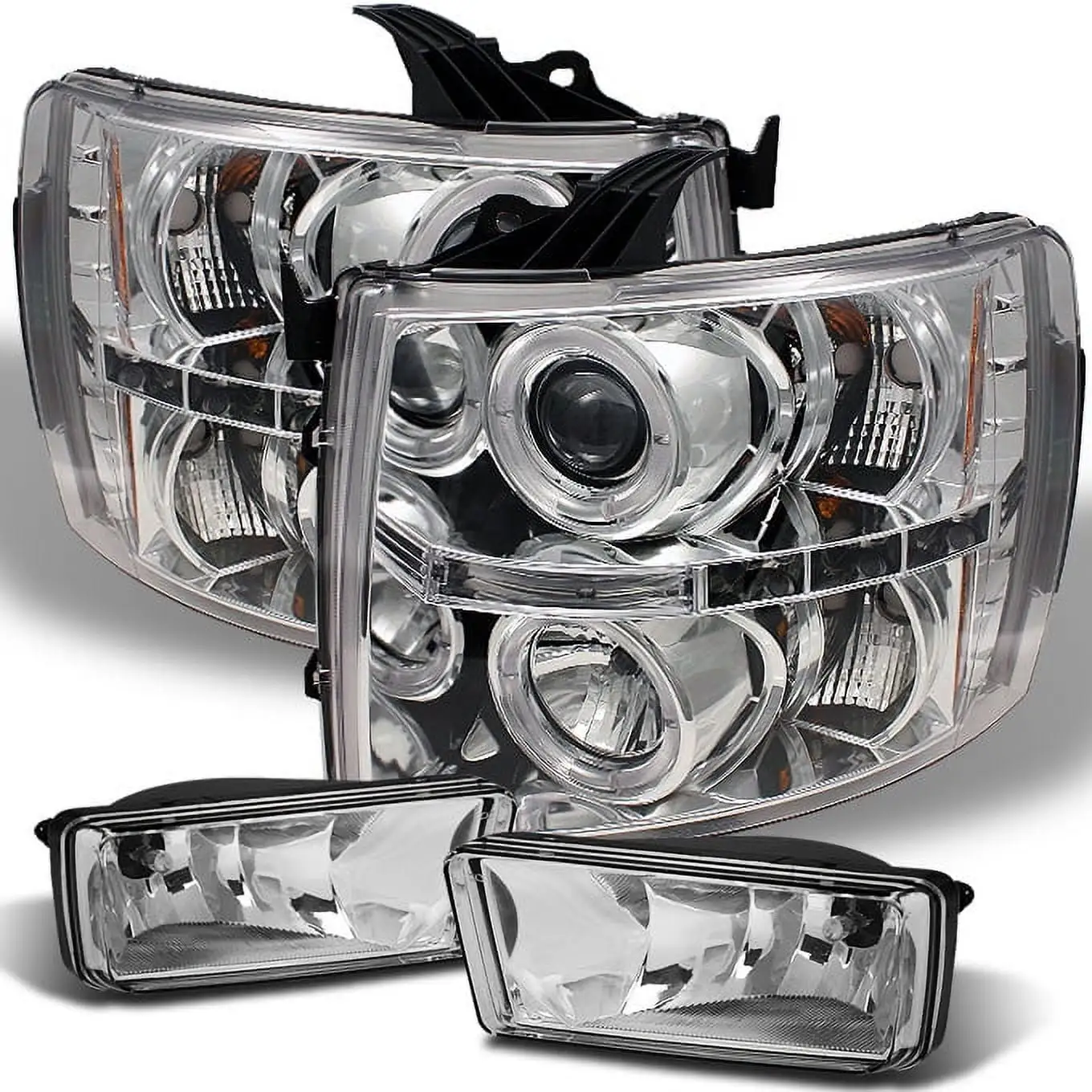 AKKON - For 07-13 Chevy Silverado 1500 2500 3500 Halo Projector LED Headlights + Clear Fog Lights Lamp W/Bulbs