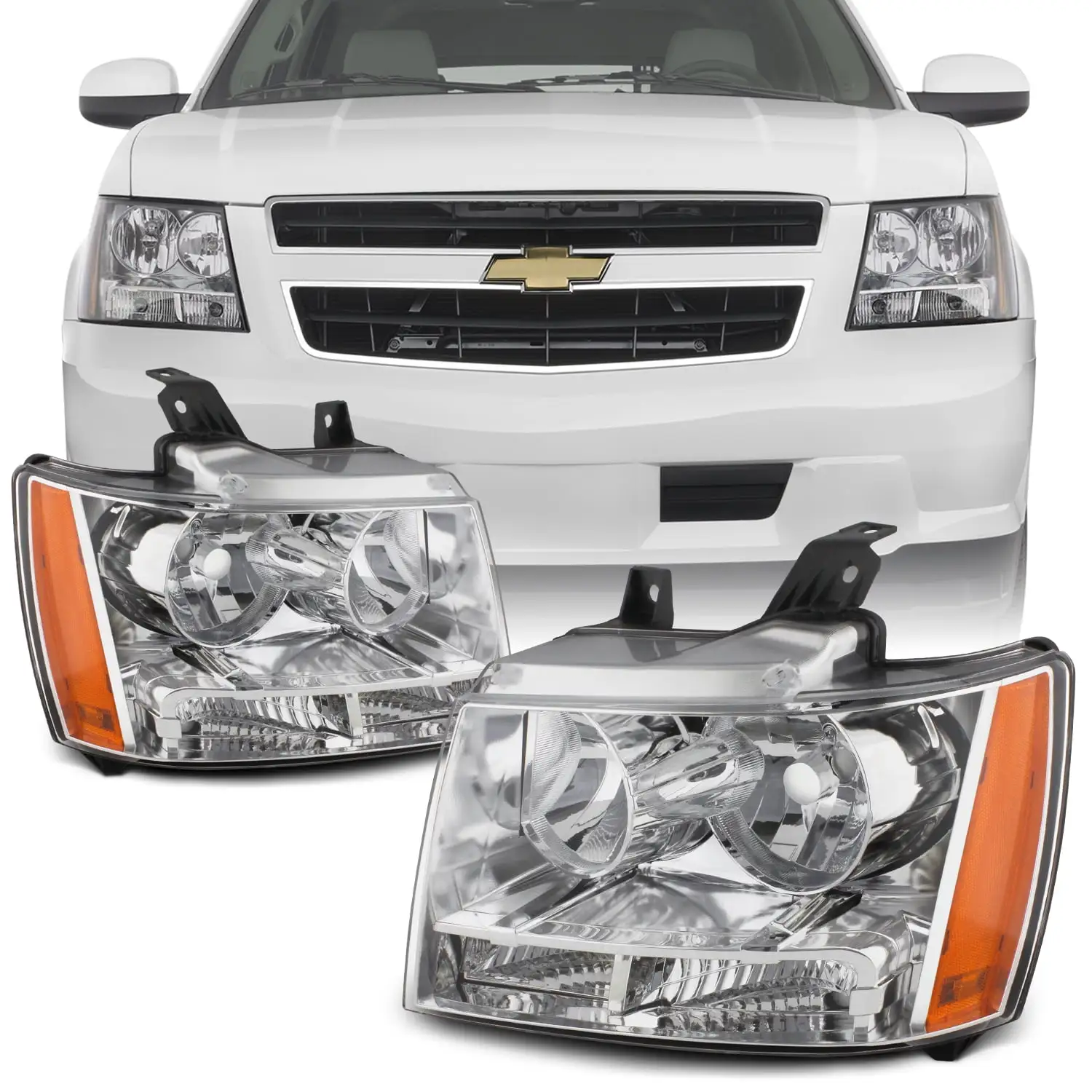 AKKON - For 07-13 Suburban Tahoe Avalanche Chrome Clear Headlights Front Lamps Direct Replacement Left + Right