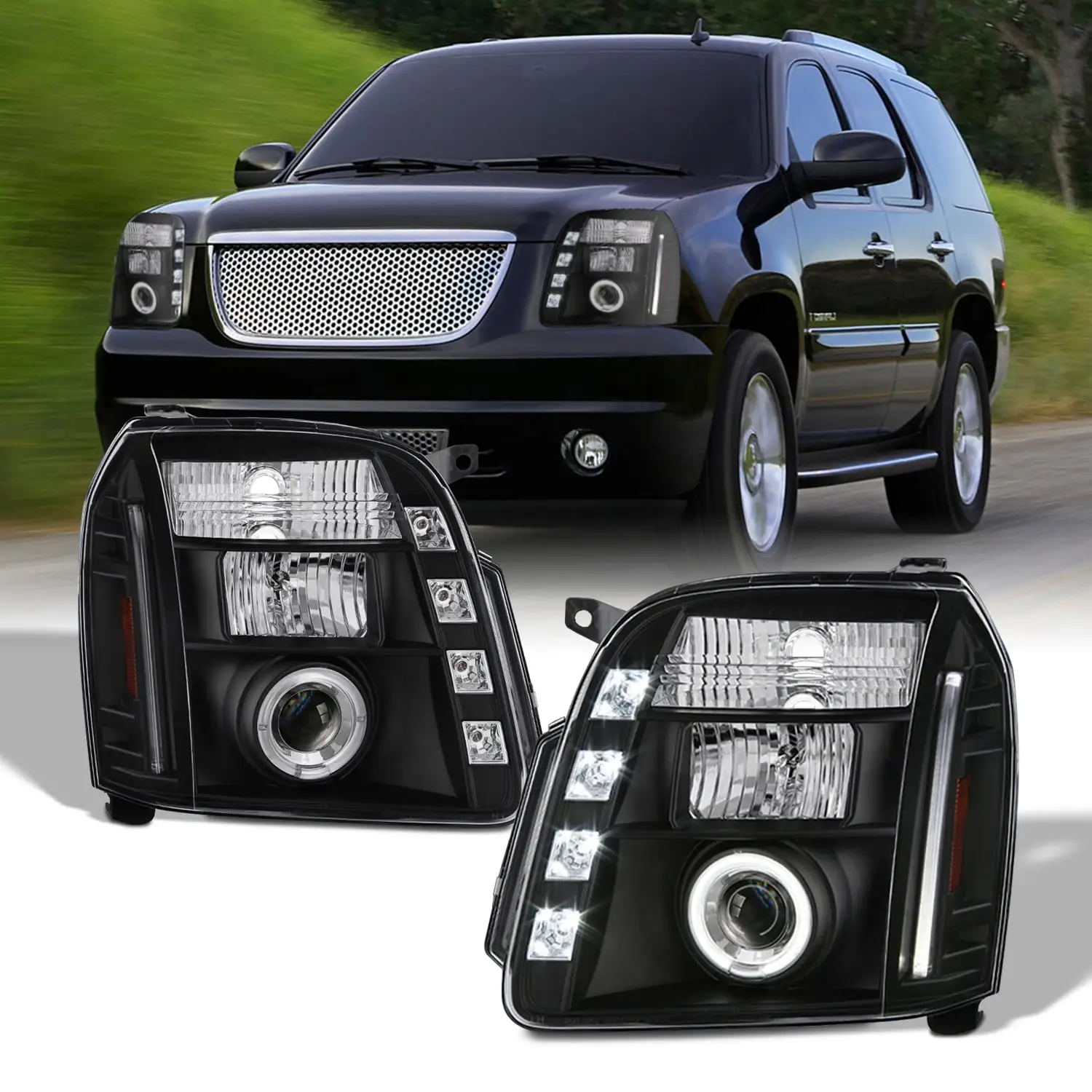 AKKON - For 07-14 GMC Yukon XL 1500 / XL 2500 Denali SUV Black Bezel Dual Halo LED Projector Headlights Front Lamps Pair