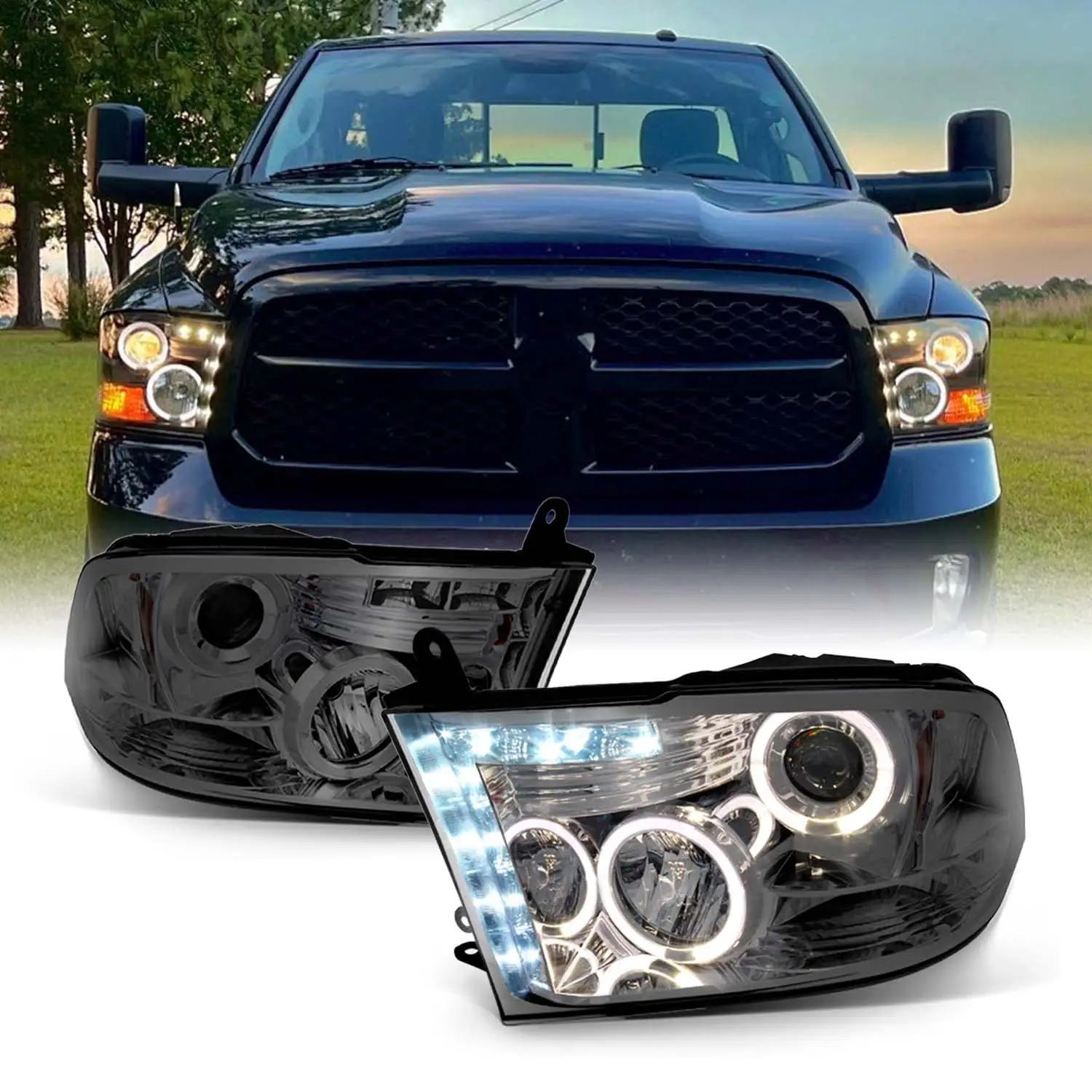 AKKON - For 09 10-18 Dodge Ram Pickup Truck Smoked Smoke Dual Halo Ring LED Projector Headlights Replacement Left + Right