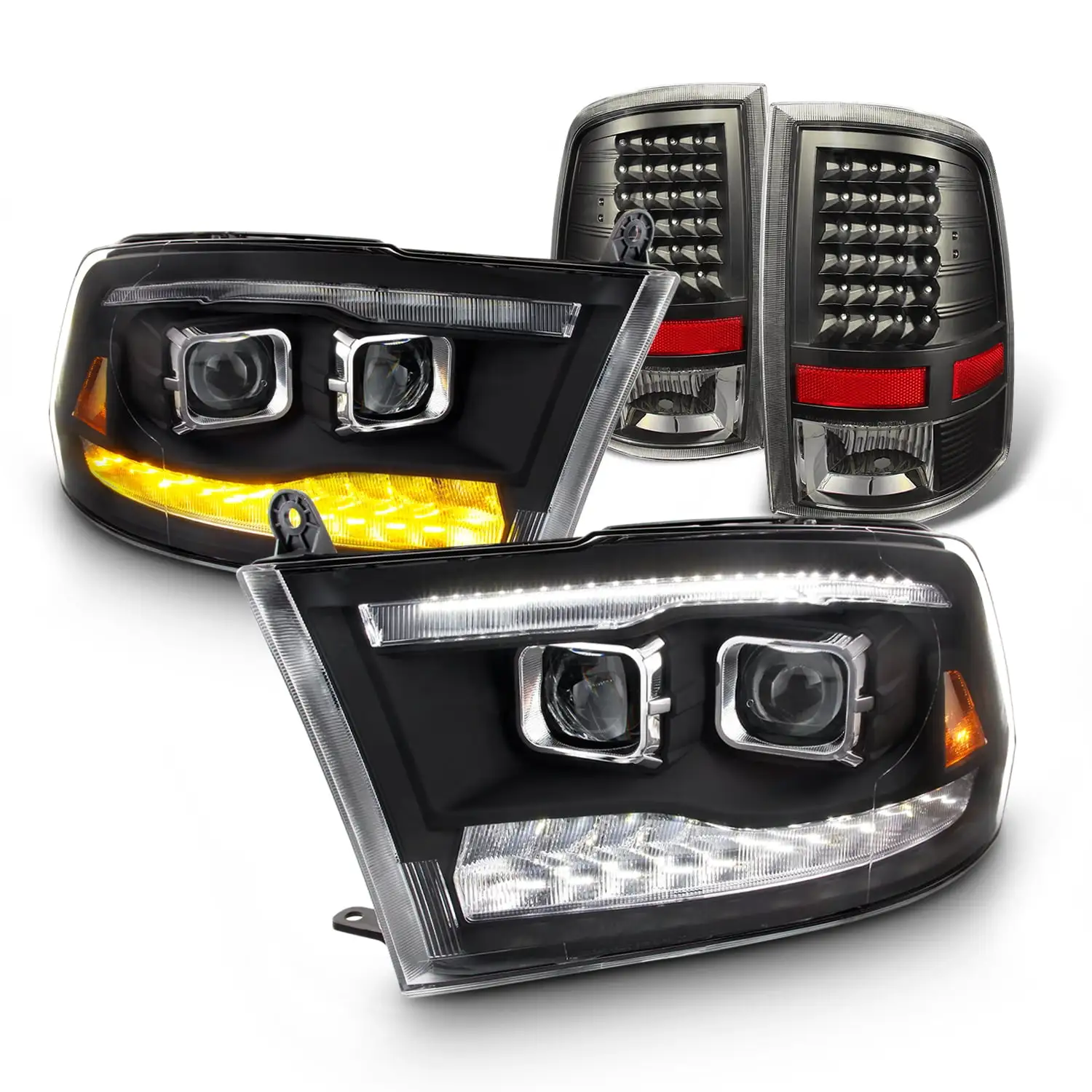 AKKON - For 09-18 Doul LED For Dodge Ram Headlights Projector Housing + Black Tail Lights Lens