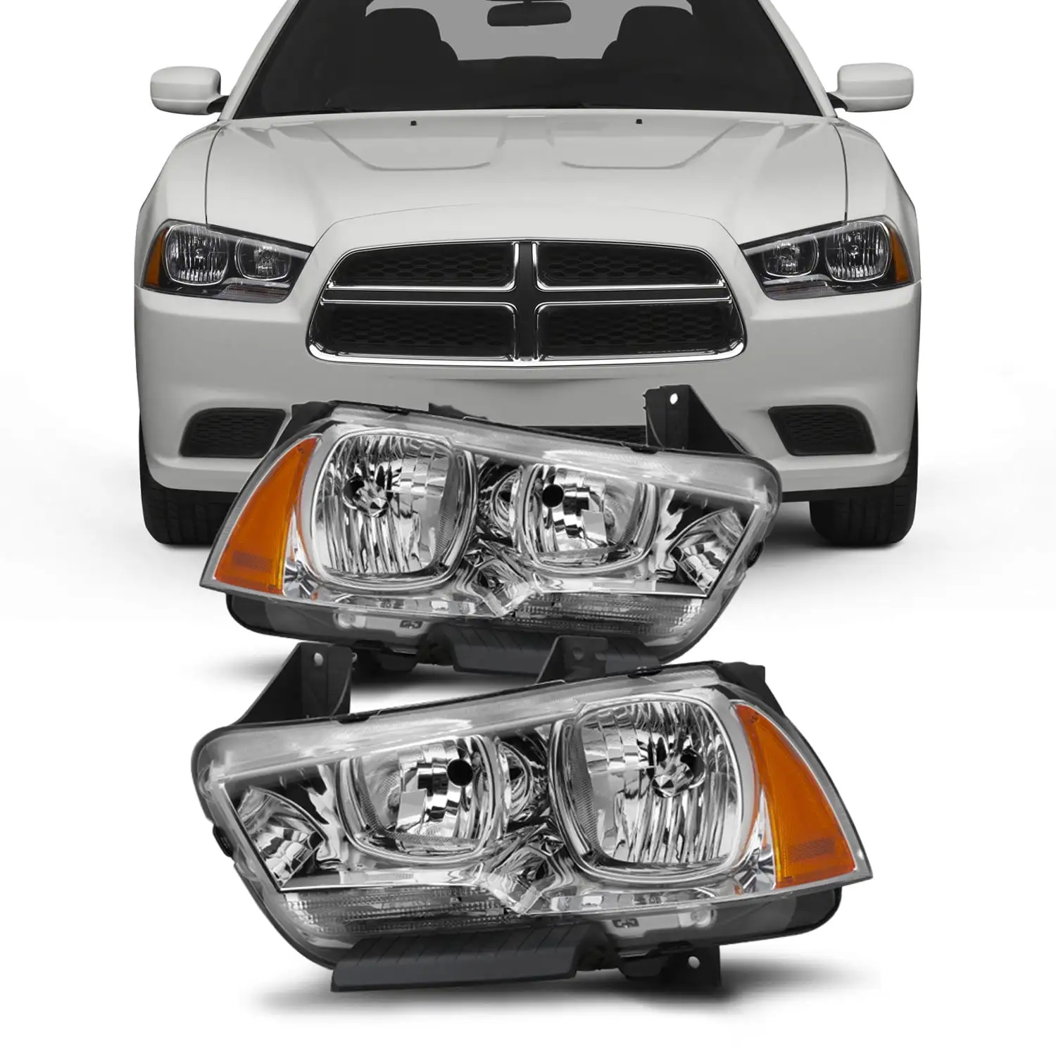 AKKON - For 11-14 Dodge Charger Chrome Clear Headlights Front Lamps Direct Replacement Pair Left + Right