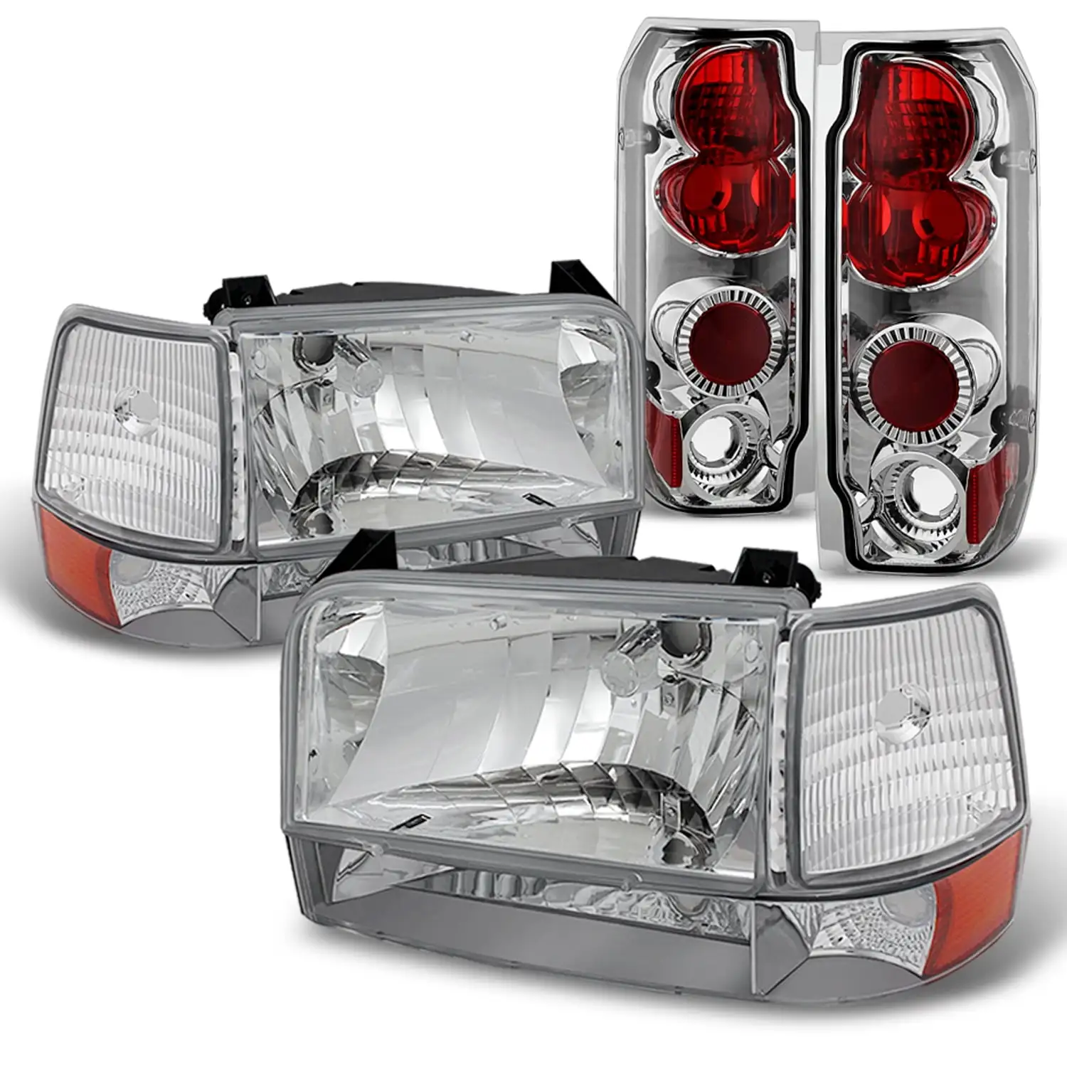 AKKON - For 1992-1996 Ford F150 F250 F350 Chrome Clear Headlights + Corner + Bumper Lamps + Tail Brake Lights