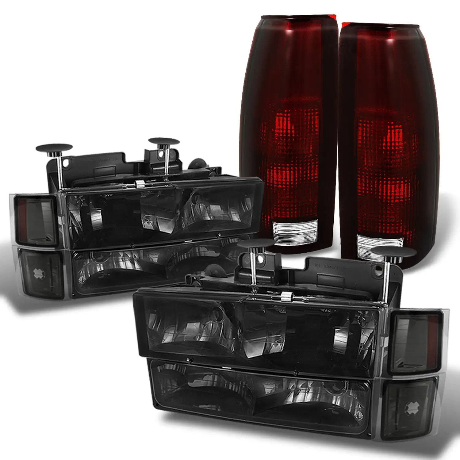 AKKON - For 1994-1998 C/K Suburban Tahoe Silverado Smoked Headlights+Bumper+Corner+Red Smoked Tail Lights Combo