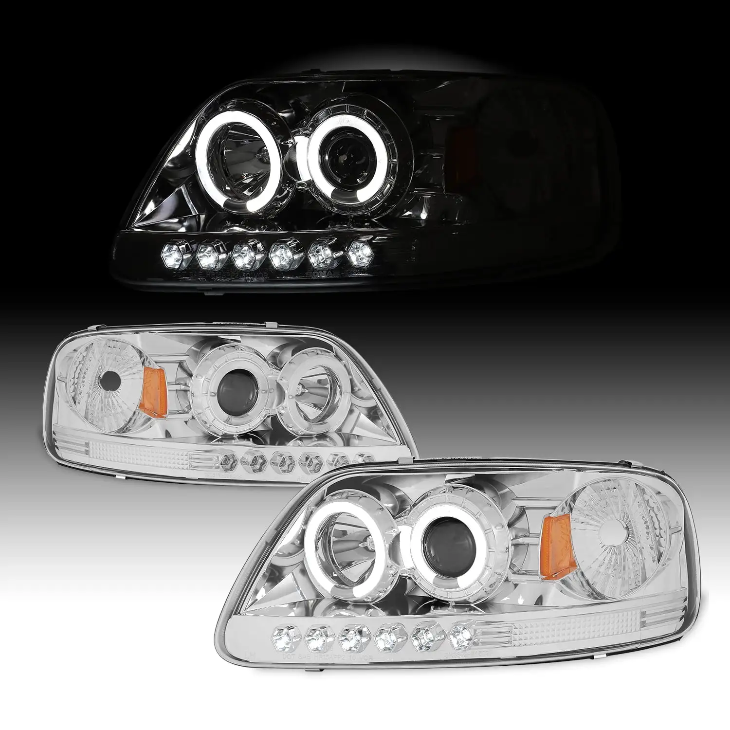 AKKON - For 1997-2002 Ford F-150 2003 Expedition 04 F150 Heritage Dual LED Halo Ring Chrome Clear Projector Headlights + Corner