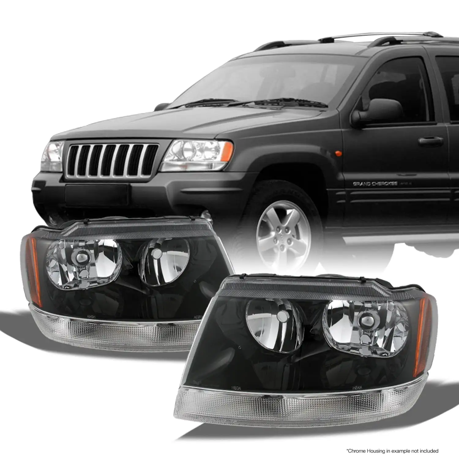 AKKON - For 1999-2004 Jeep Grand Cherokee OE Black Bezel Headlights Head Lamps with Reflector - Pair