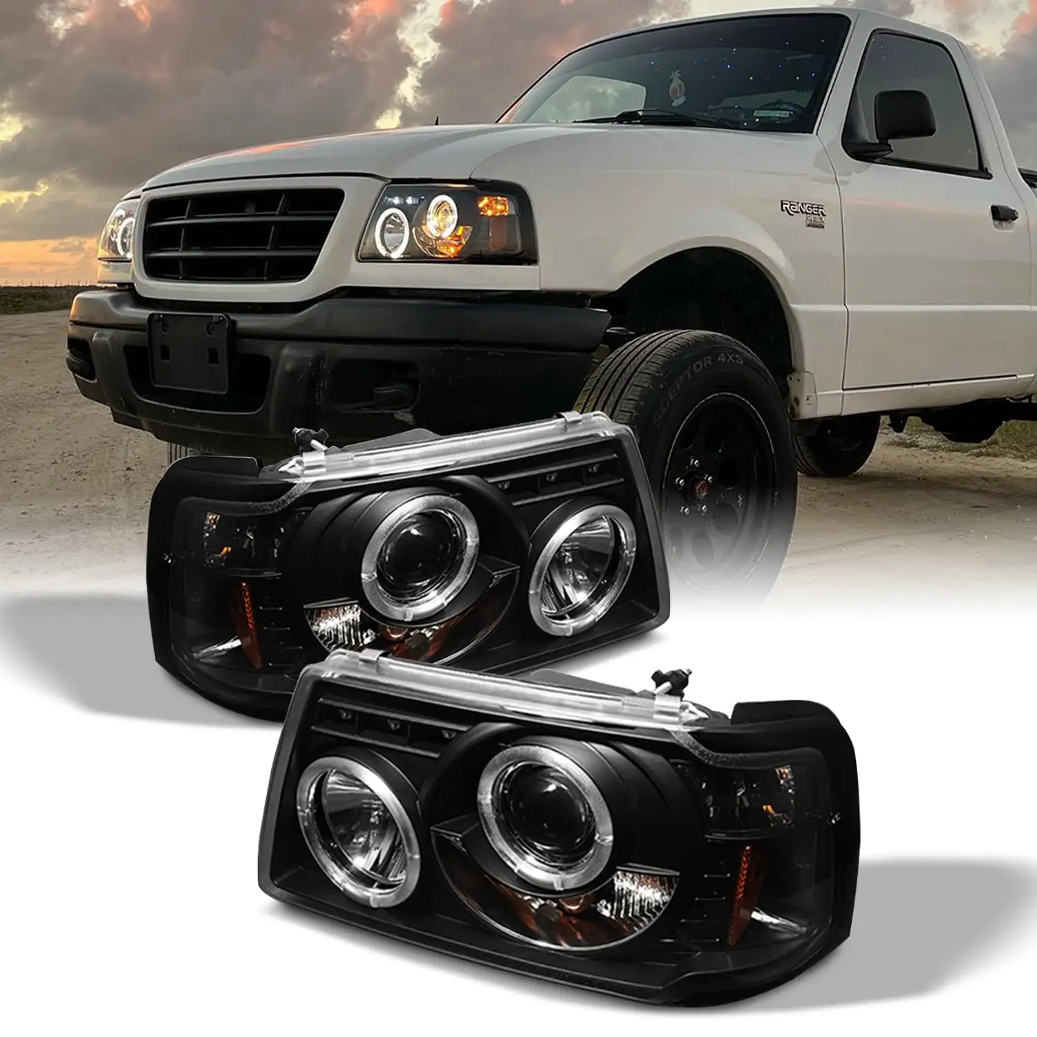 AKKON - For 2001-2012 Ford Ranger Pickup 2 in 1 Black Bezel Dual Halo Ring Projector Headlights w/ Corner Signal Lamps