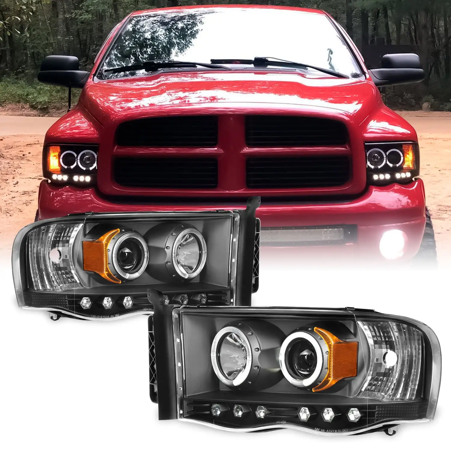 AKKON - For 2002-2005 Dodge Ram 1500 | 2003-2005 Ram 2500 3500 Black Dual Halo Projector Headlights Pair Set