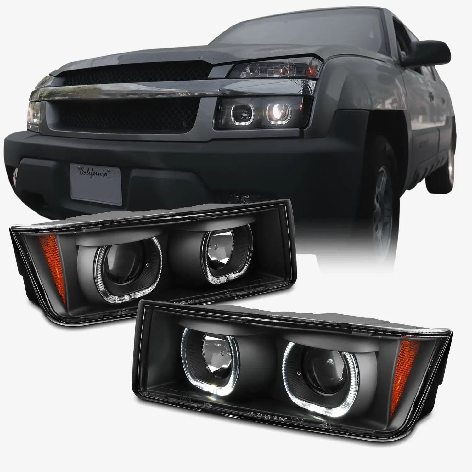 AKKON - For 2002-2006 Chevy Avalanche Dual Halo Ring/DRL/High Low Beam Projector Headlights Black Housing