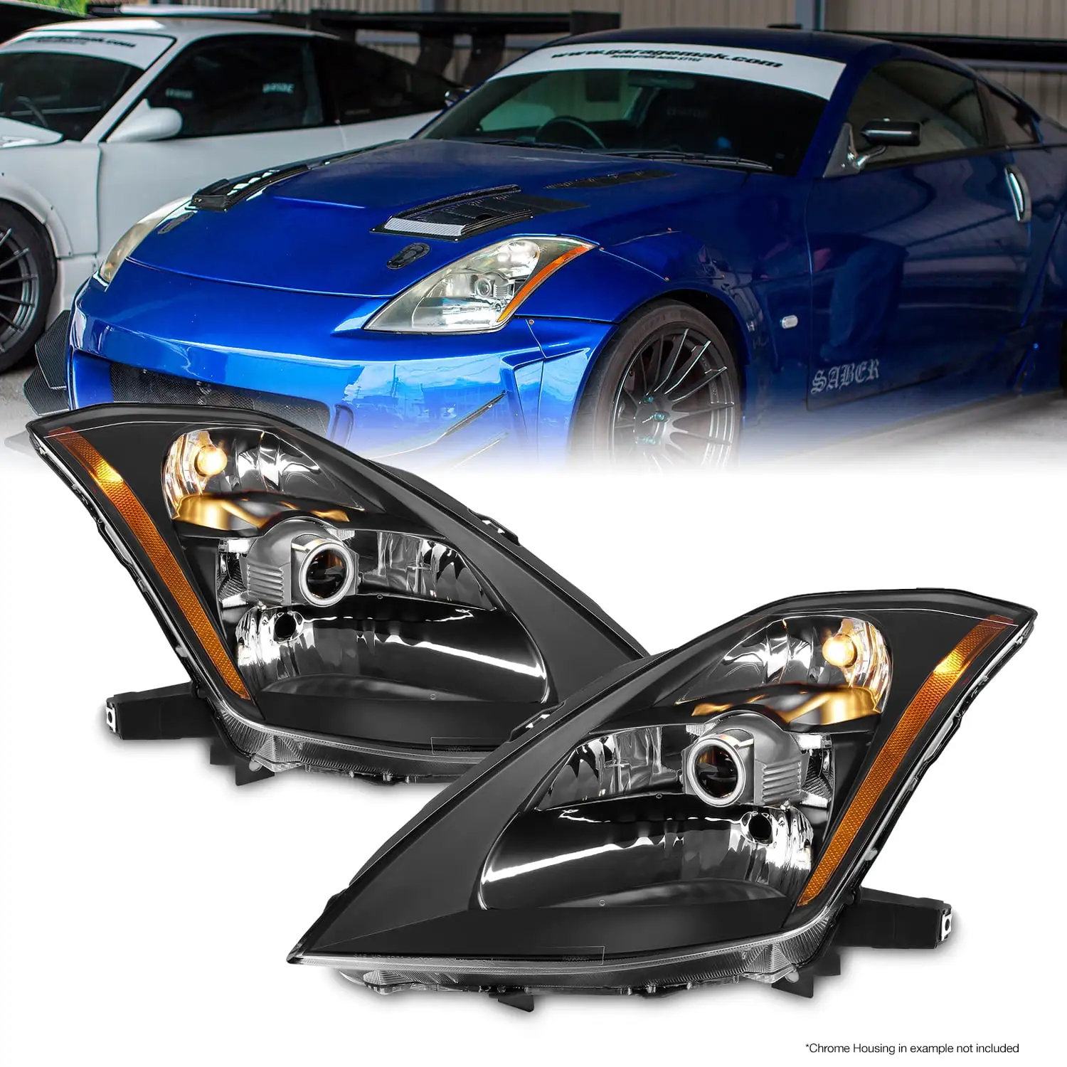 AKKON - For 2003-2005 Nissan 350Z [Fairlady Z33 Model] Black Bezel [HID Type] Projector Headlights Driver/Passenger Pair Replacement