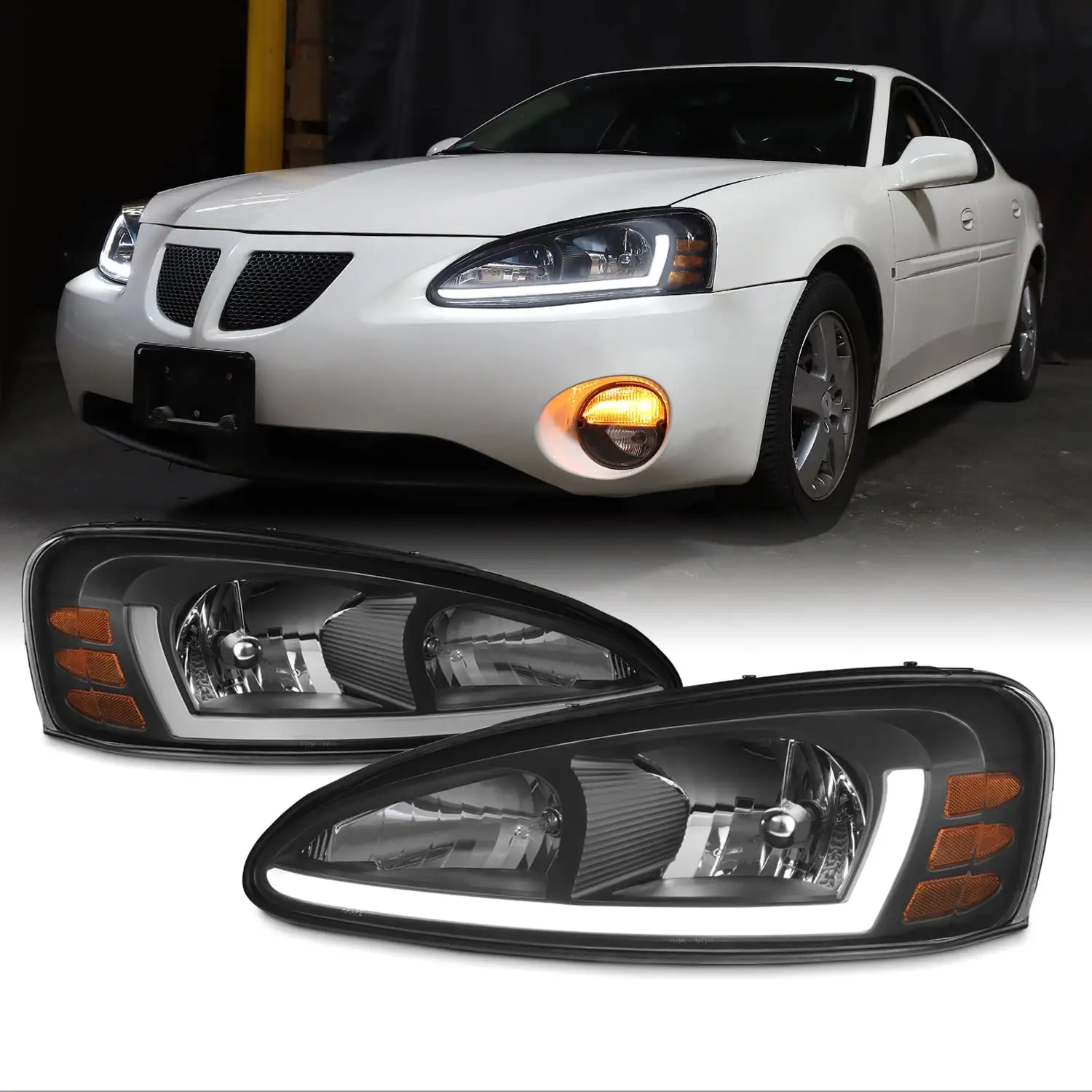 AKKON - For 2004-2008 Pontiac Grand Prix LED Light Tube DRL Black Housing Headlights w/ Ember Corner Lamps