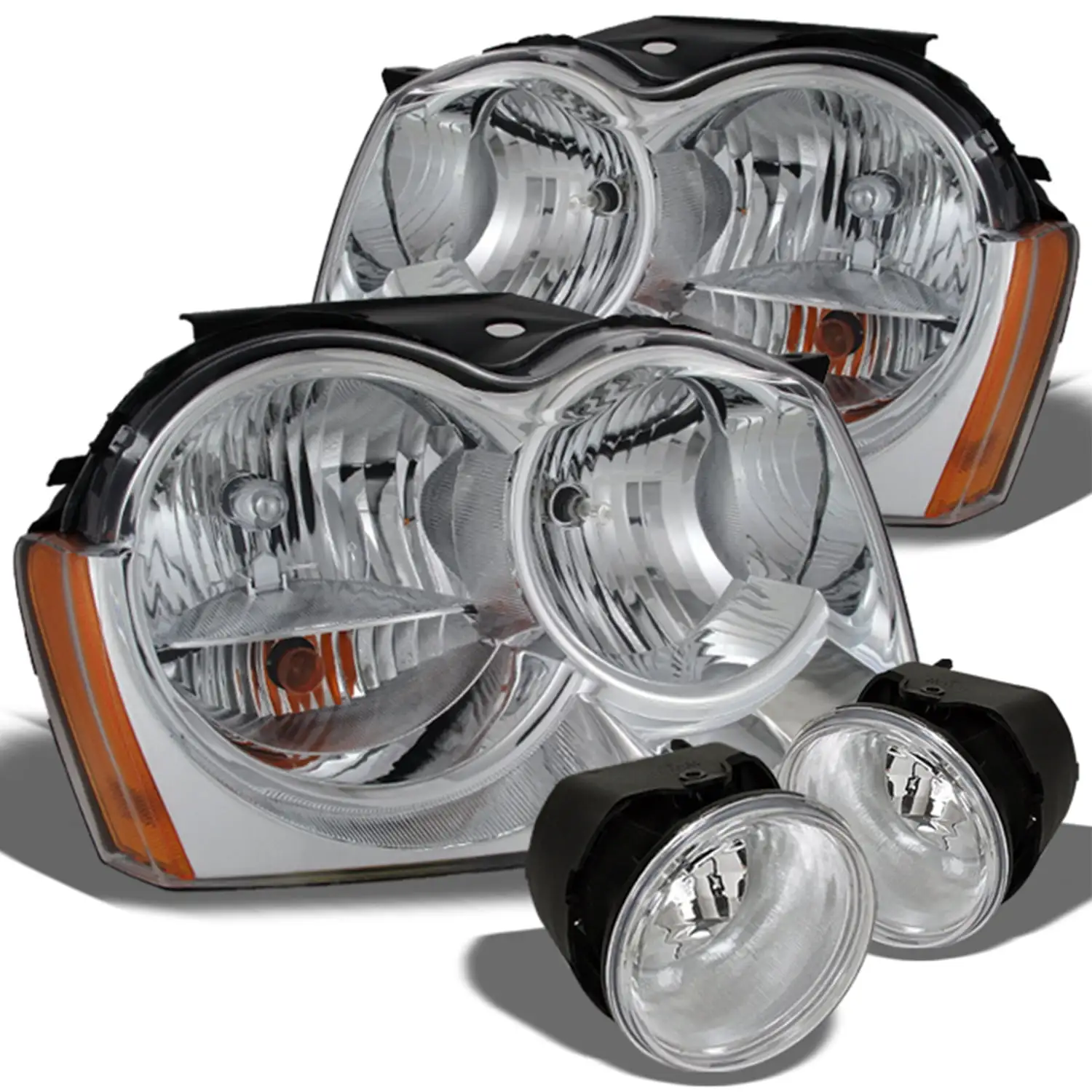 AKKON - For 2005 2006 2007 Grand Cherokee Chrome Clear Headlights Replacement + Clear Fog Lights Pair Left Driver + Passenger Passenger