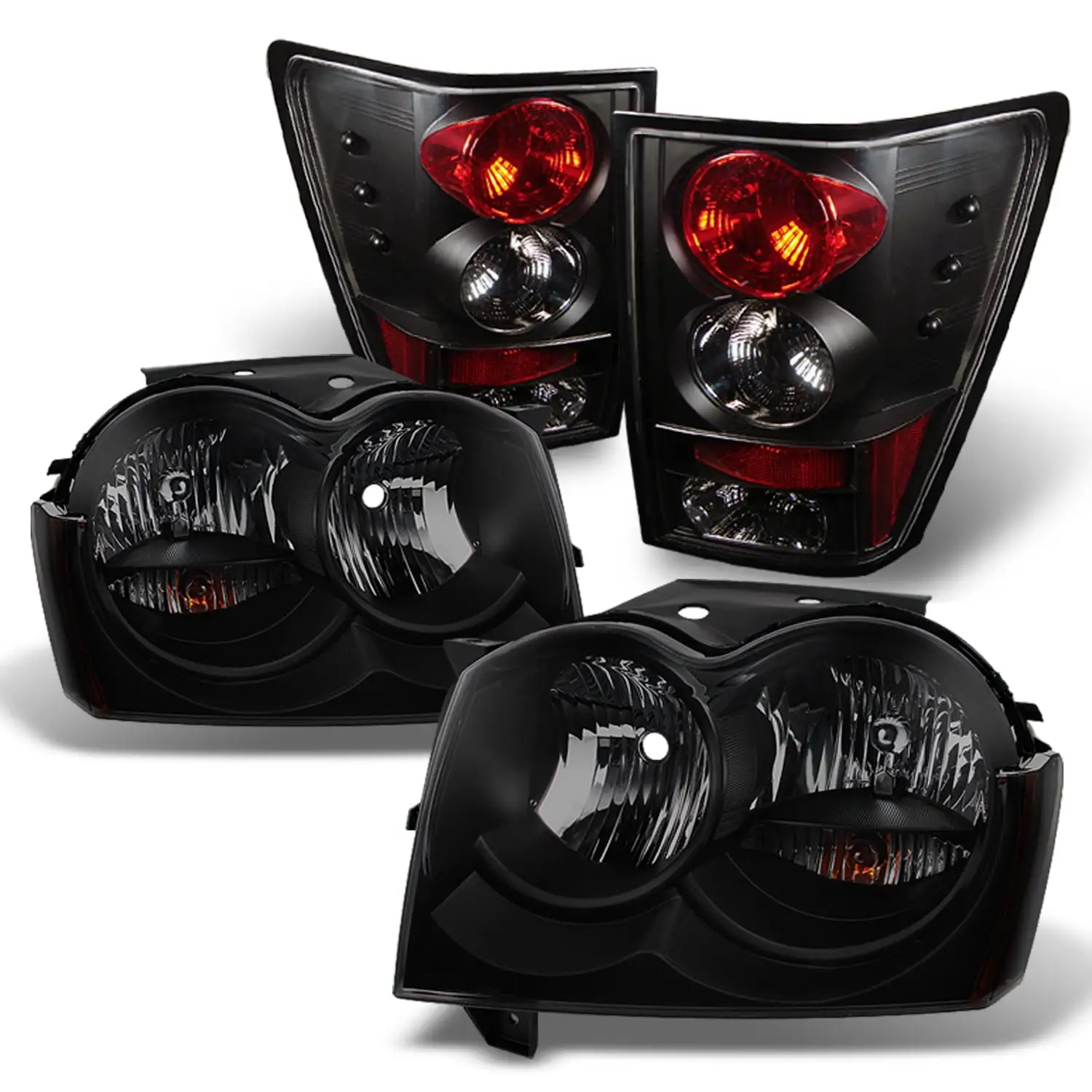 AKKON - For 2005-2006 For Jeep Grand Cherokee Black Smoked Headlights+ Black Tail Lights Lamps Pair Set