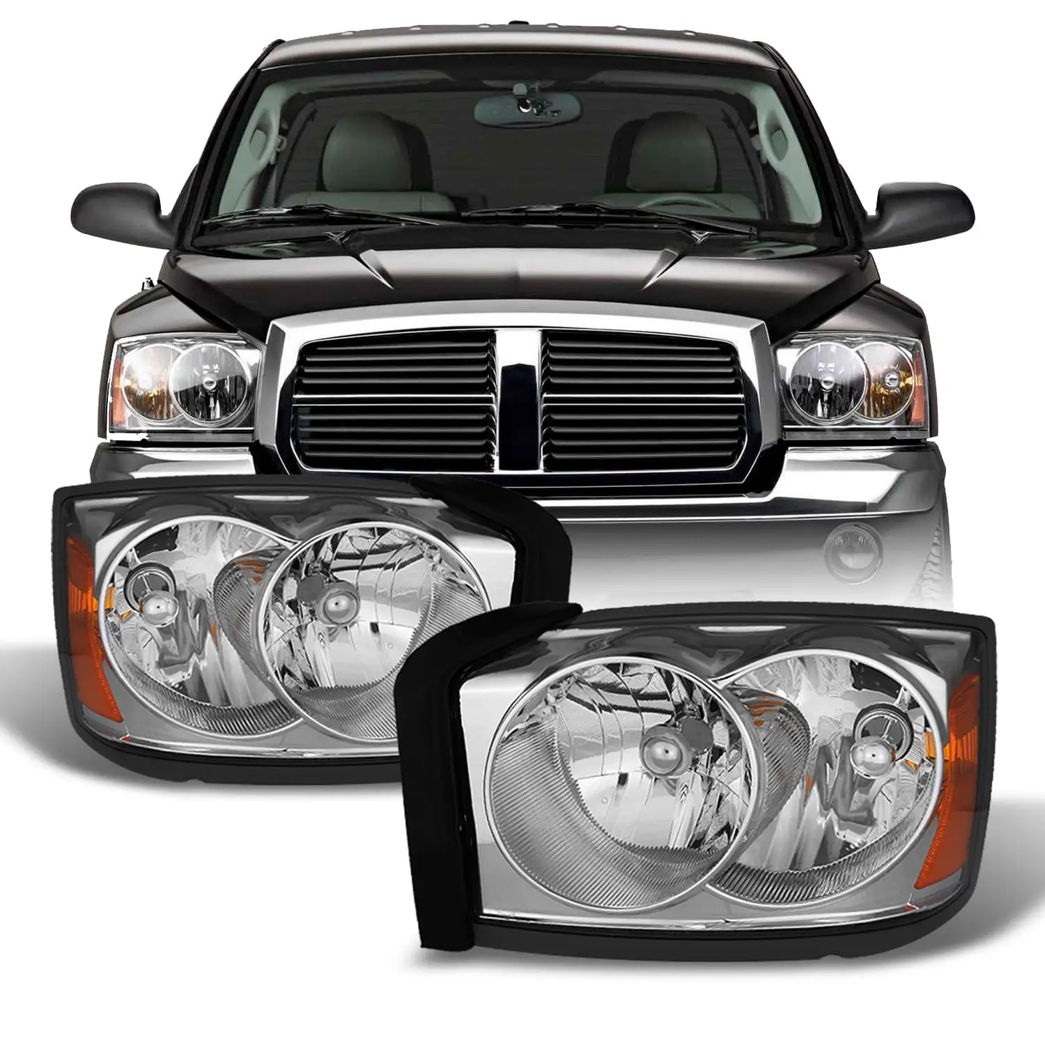 AKKON - For 2005-2007 Dodge Dakota OE Replacement Chrome Bezel Headlights Driver/Passenger Head Lamps Pair New