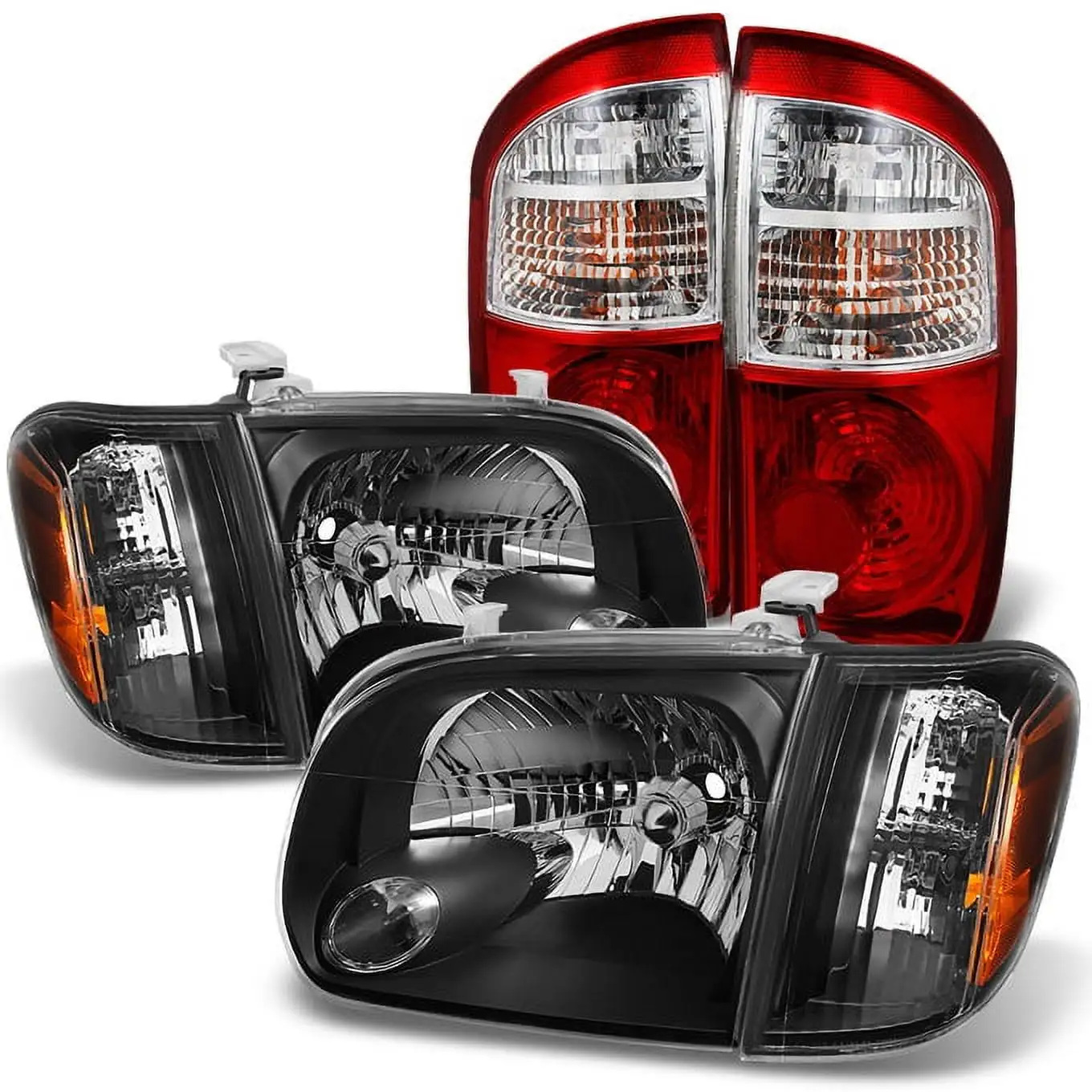 AKKON - For 2005 Toyota Tundra Double | Crew Cab Black Headlights Repalcement Pair + Red Clear Tail Lights Set