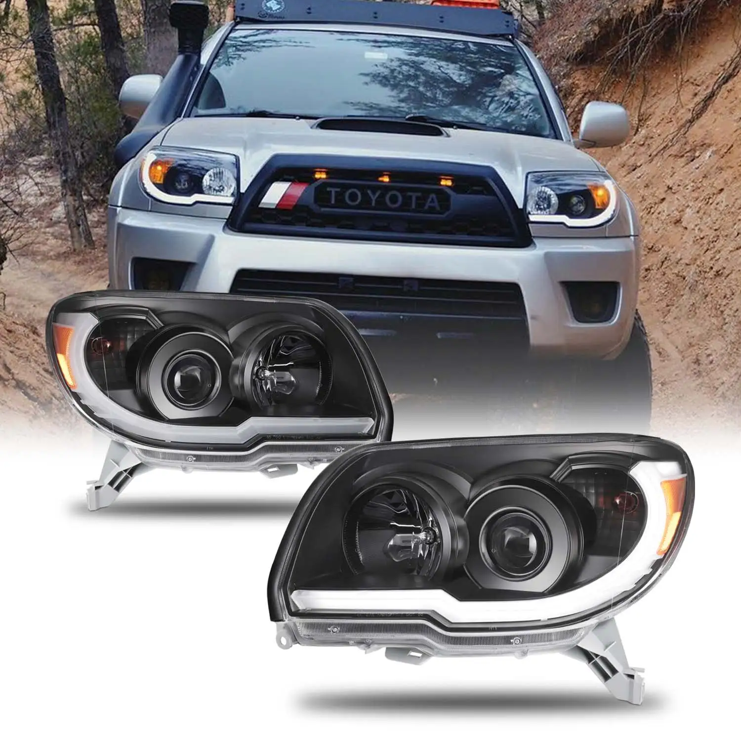 AKKON - For 2006 2007 2008 2009 Toyota 4Runner LED DRL Projector Black Headlights Lamps Pair