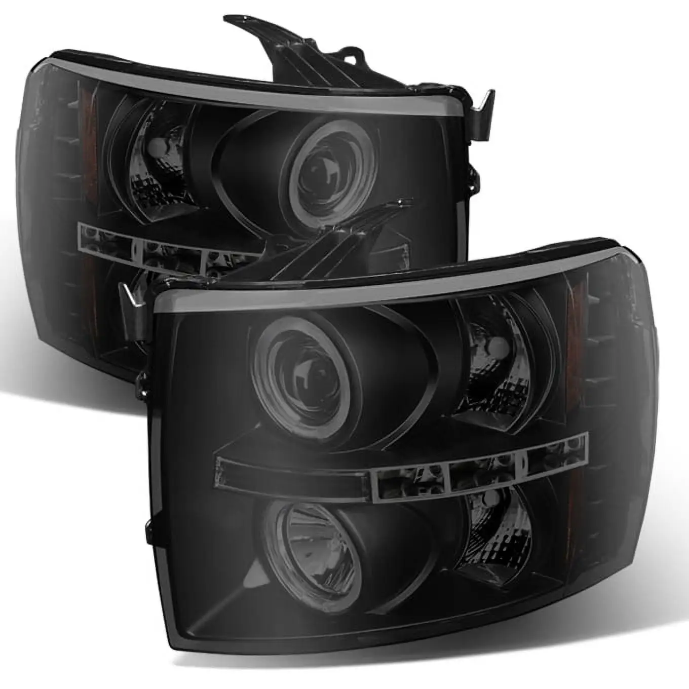 AKKON - For 2007-13 14 Silverado Pickup Black Smoked [Dual Halo Ring] LED Projector Headlights Left Driver + Right Passenger Pair