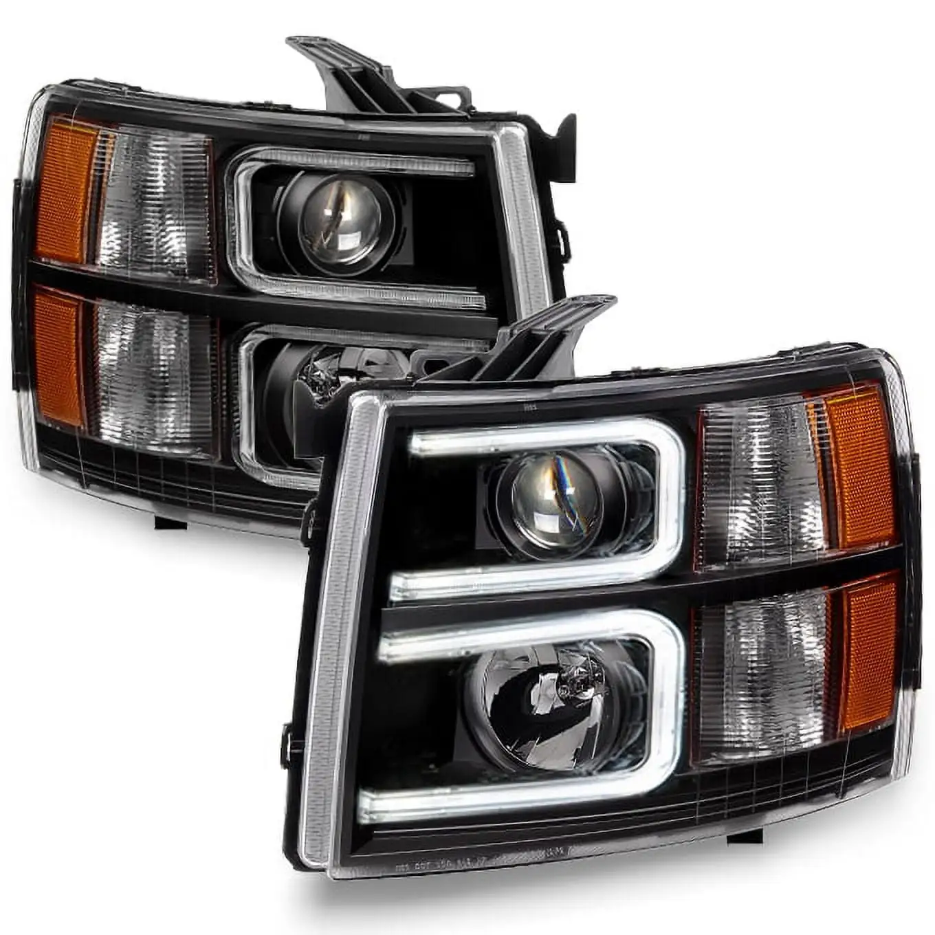 AKKON - For 2007-13 Chevy Silverado 1500 | 2007-14 2500HD 3500HD LED C-Shape Tube Black Bazel Projector Headlights Pair Set