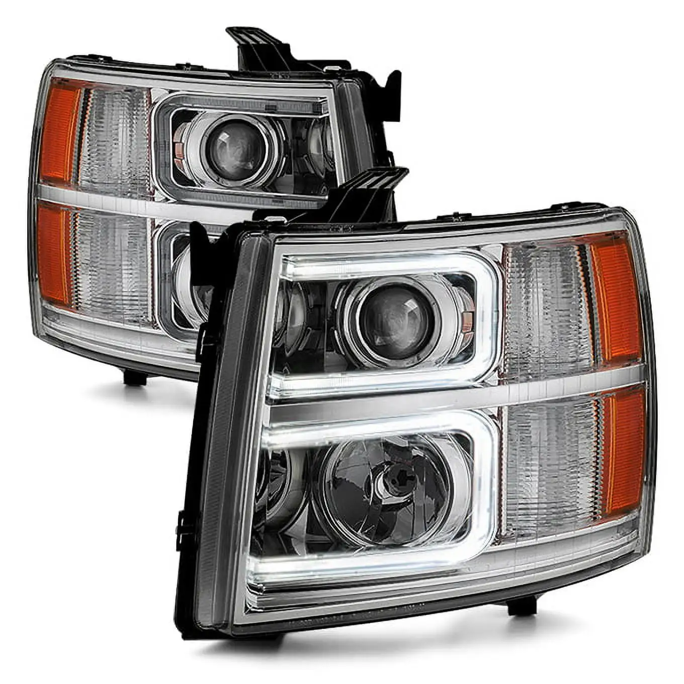 AKKON - For 2007-13 Chevy Silverado 1500 | 2007-14 2500HD 3500HD LED C-Shape Tube Projector Headlights Pair Set