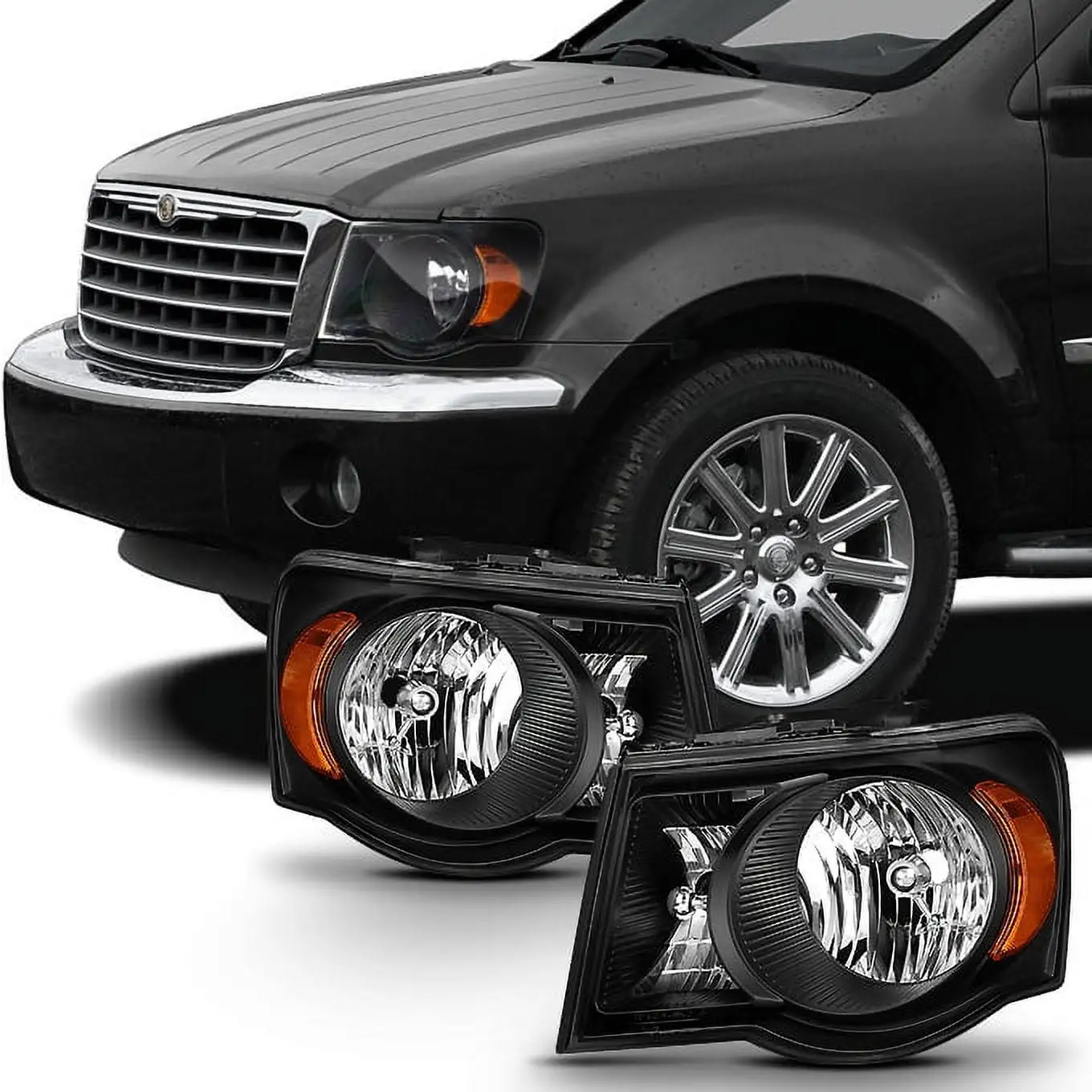 AKKON - For 2007 2008 2009 Chrysler Aspen Matte Black Headlights Headlamps LH Left & RH Right Side Pair Assembly