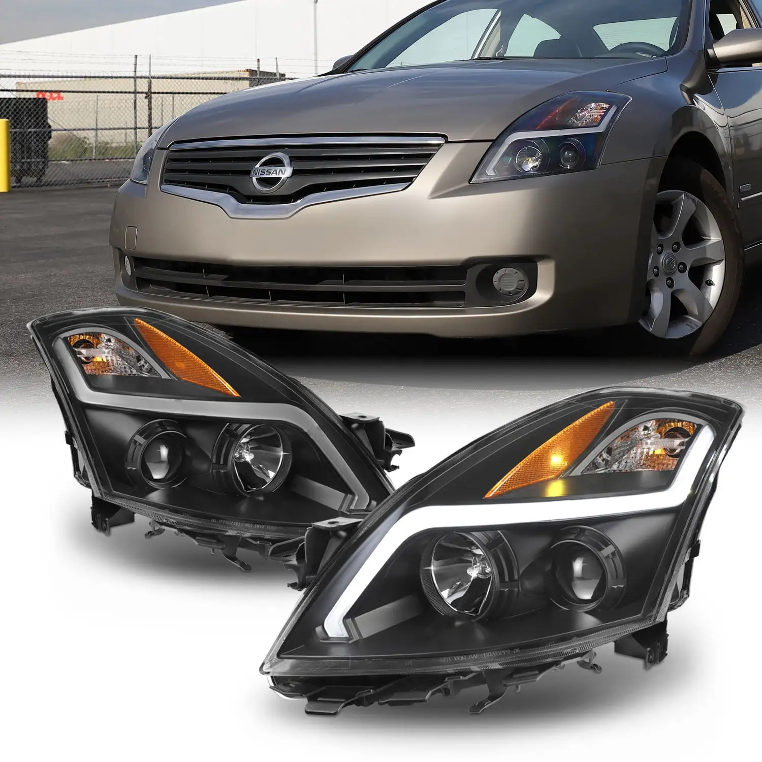 AKKON - For 2007 2008 2009 Nissan Altima 4-Door Sedan LED Strip Projector Headlight Black Housing Assembly Pair Lamps