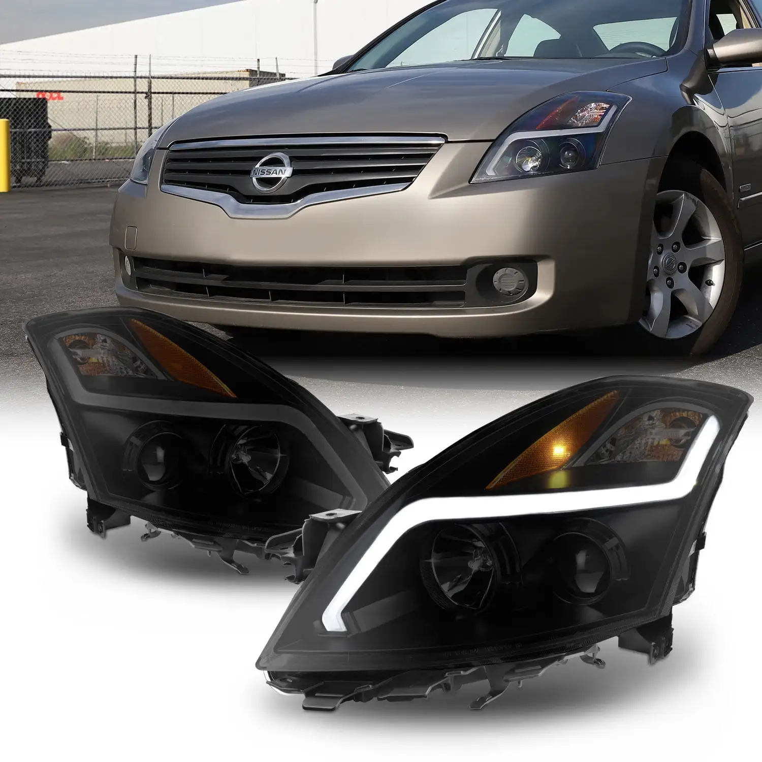 AKKON - For 2007 2008 2009 Nissan Altima 4-Door Sedan LED Strip Projector Headlight Black Housing Assembly Smoke Lens