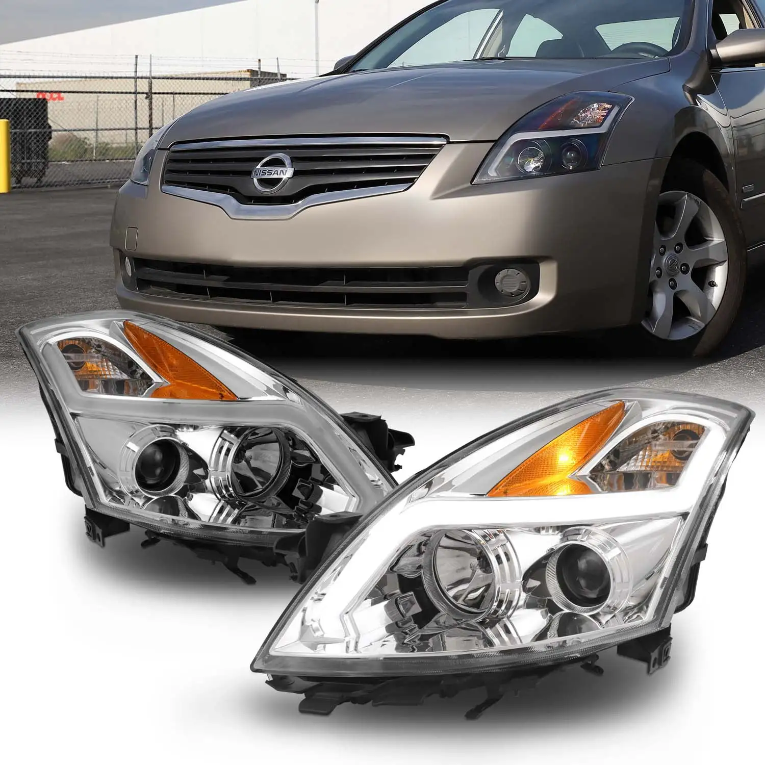 AKKON - For 2007 2008 2009 Nissan Altima 4-Door Sedan LED Strip Projector Headlight Chrome Housing Assembly Pair Lamps