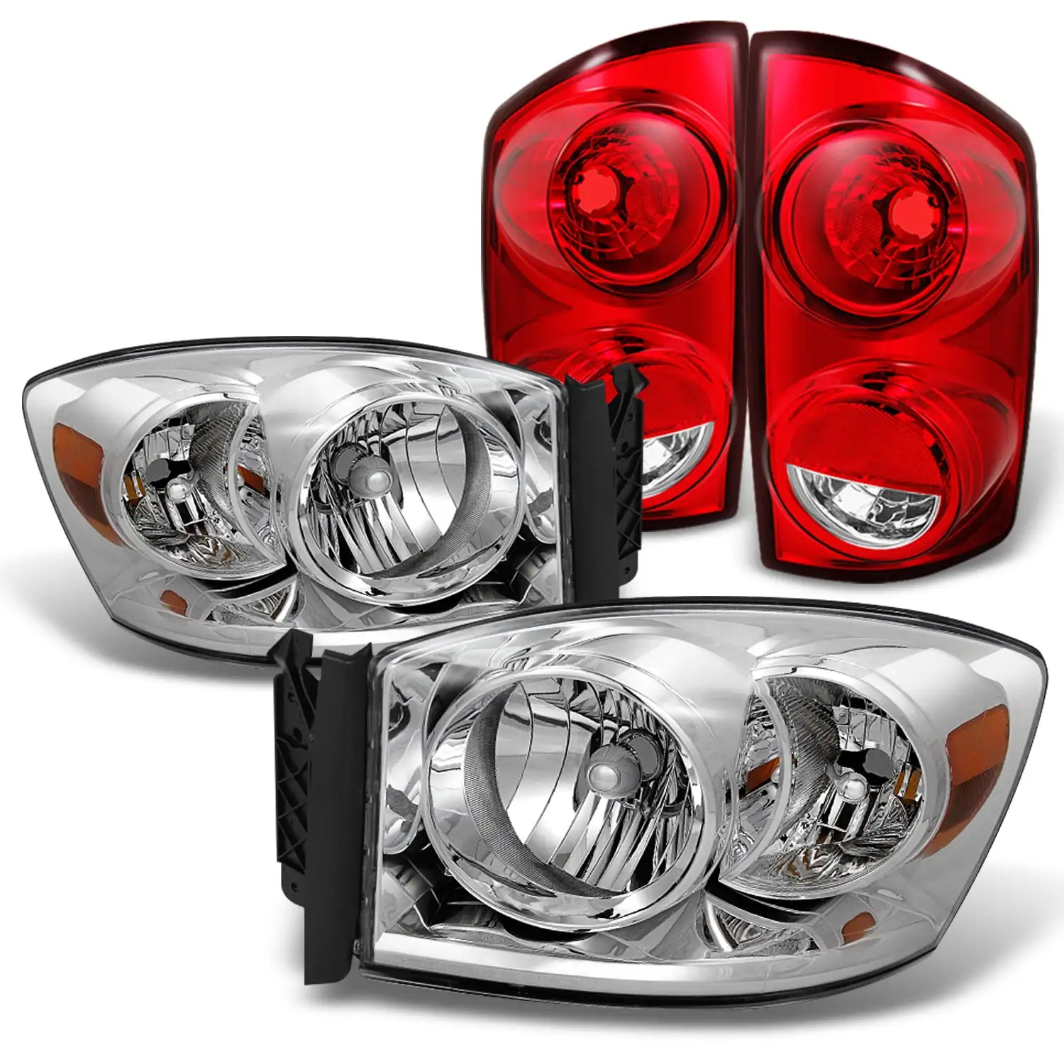 AKKON - For 2007-2008 Dodge Ram 1500 | 2007-2009 Ram 2500 3500 Chrome Clear Headlights +Red Clear Tail Light Lamp