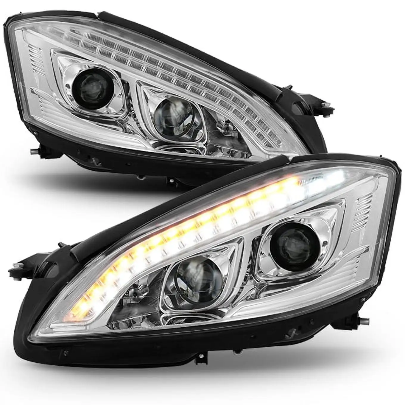 AKKON - For 2007-2009 Benz W221 S-Class [HID Type] Chrome Clear LED DRL Projector Headlights Left+Right Pair