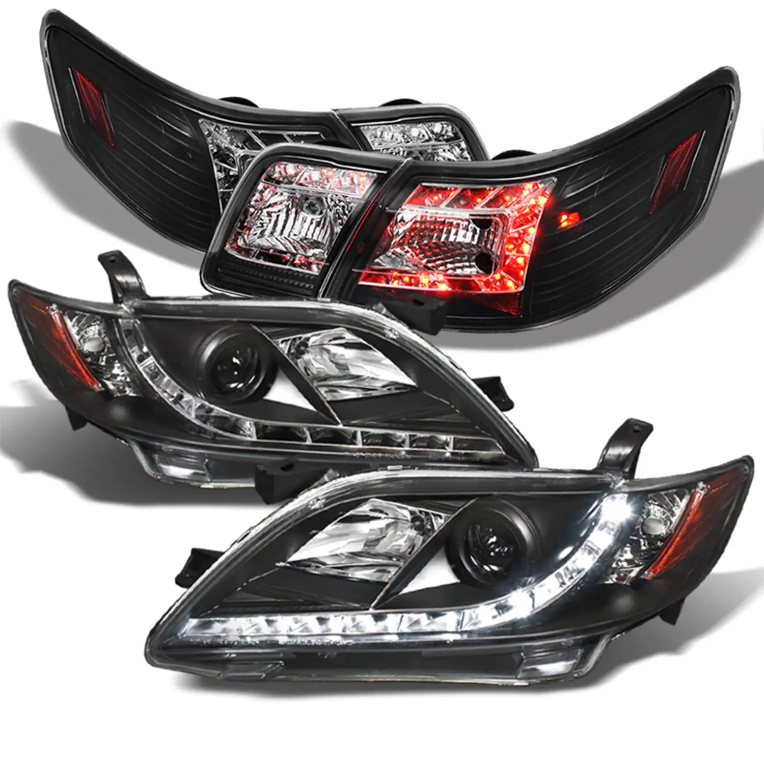 AKKON - For 2007-2009 Toyota Camry DRL Daylight LED Strip Projector Headlights + LED Tail Brake Lamp 4PCs