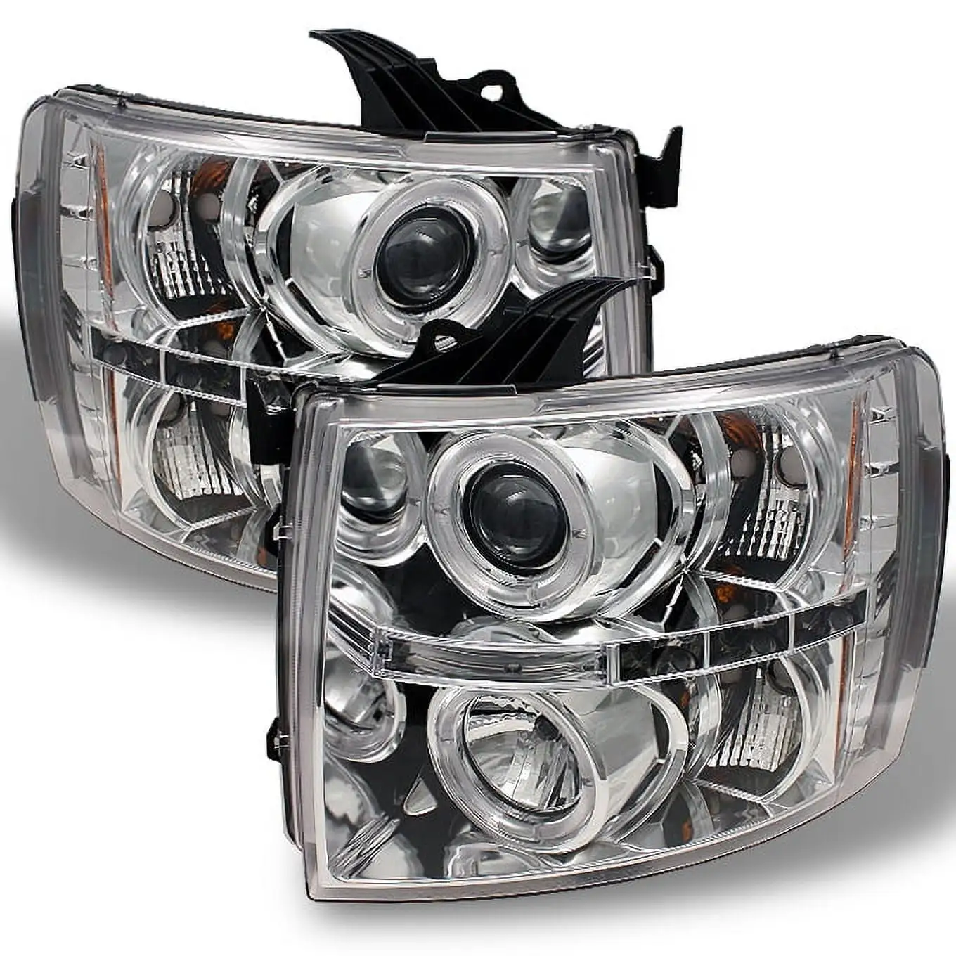 AKKON - For 2007-2013 14 Silverado 1500/ 2500HD/ 3500HD Pickup Chrome Clear [Dual Halo Ring] LED Projector Headlights LH+RH Pair