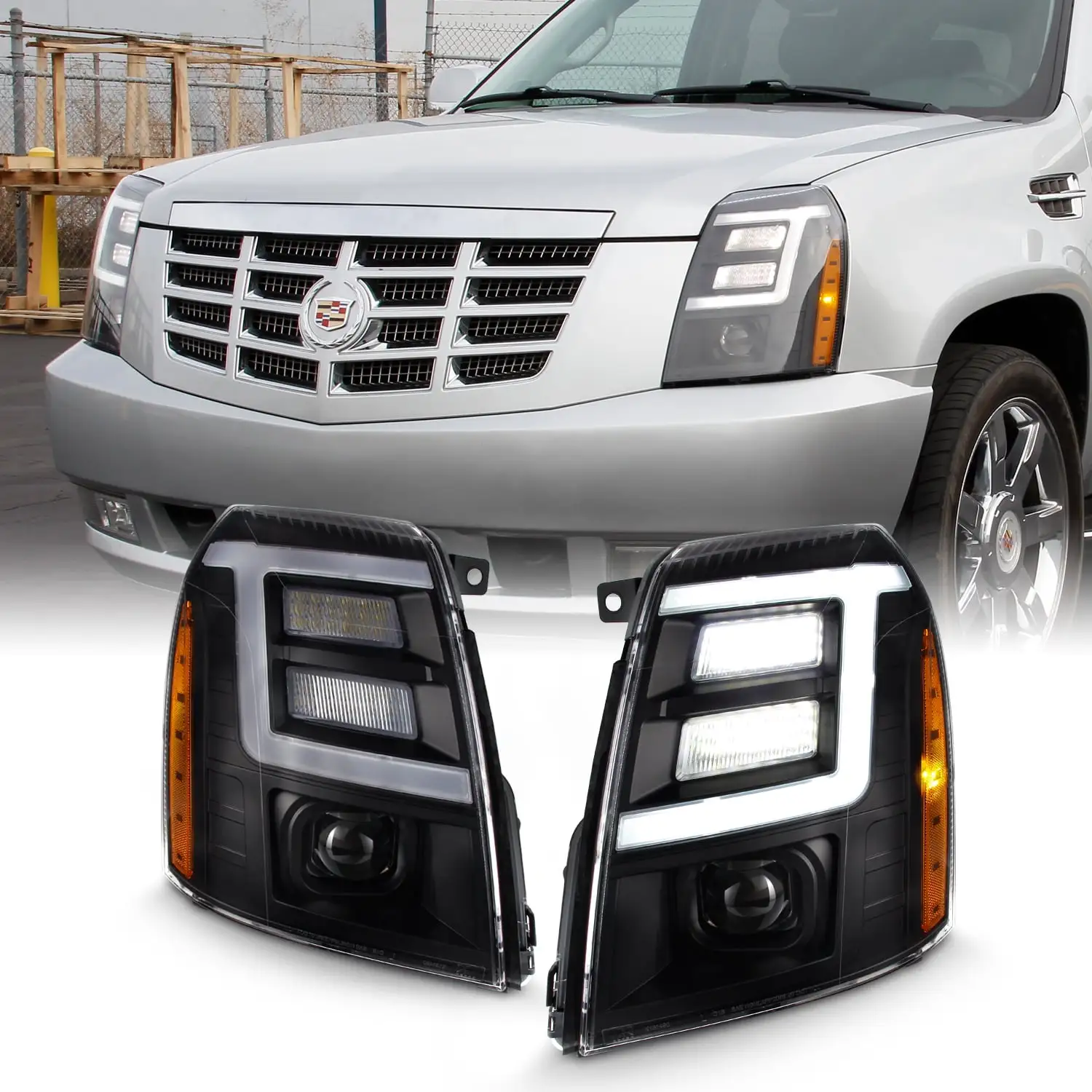 AKKON - For 2007-2014 Cadillac Escalade Xenon/HID Model Type Black Housing LED Daytime Running Light Tube Projector Headlight