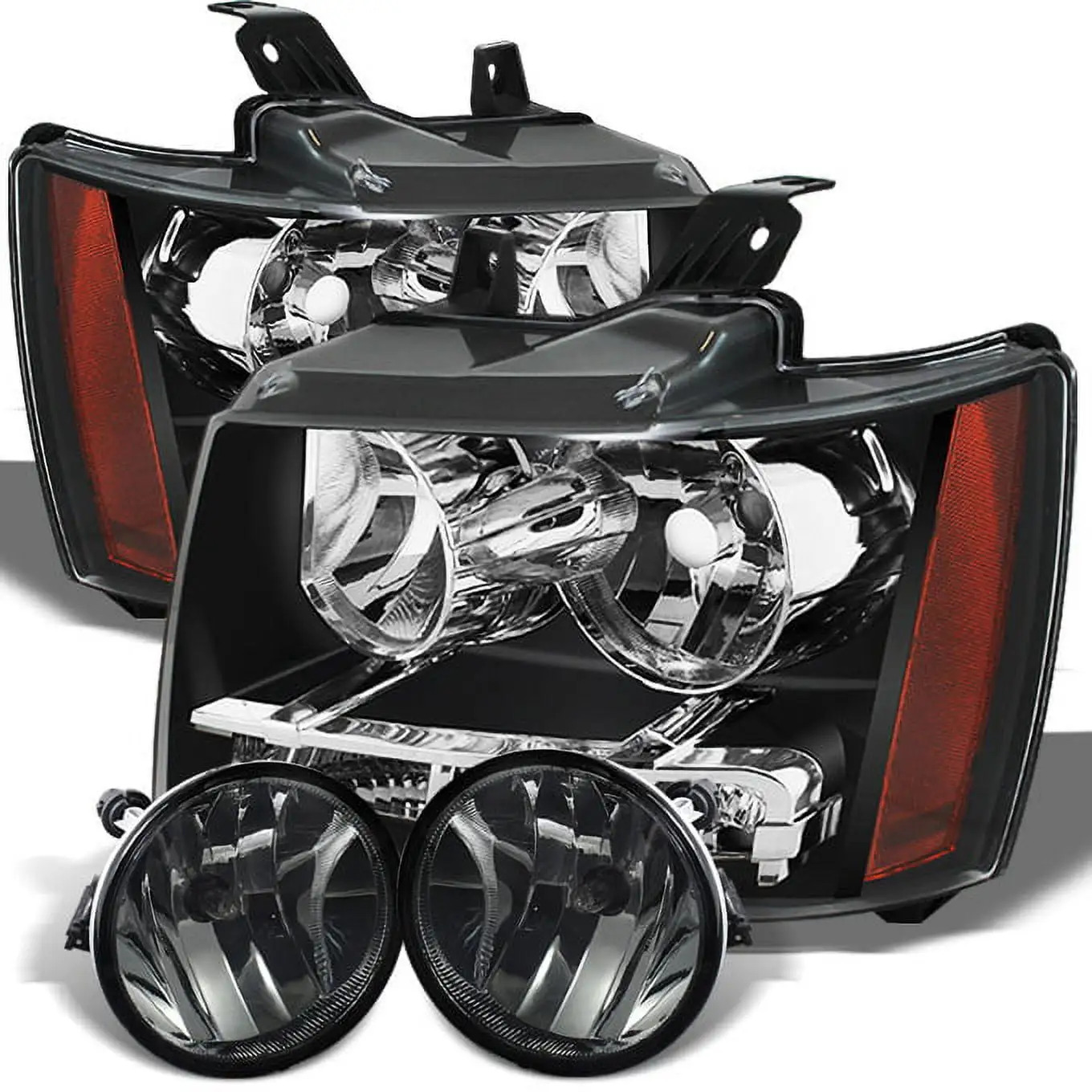 AKKON - For 2007-2014 chevy Suburban Tahoe Avalanche Black Clear Len Headlight + Smoked Bumper Fog Lights Lamps