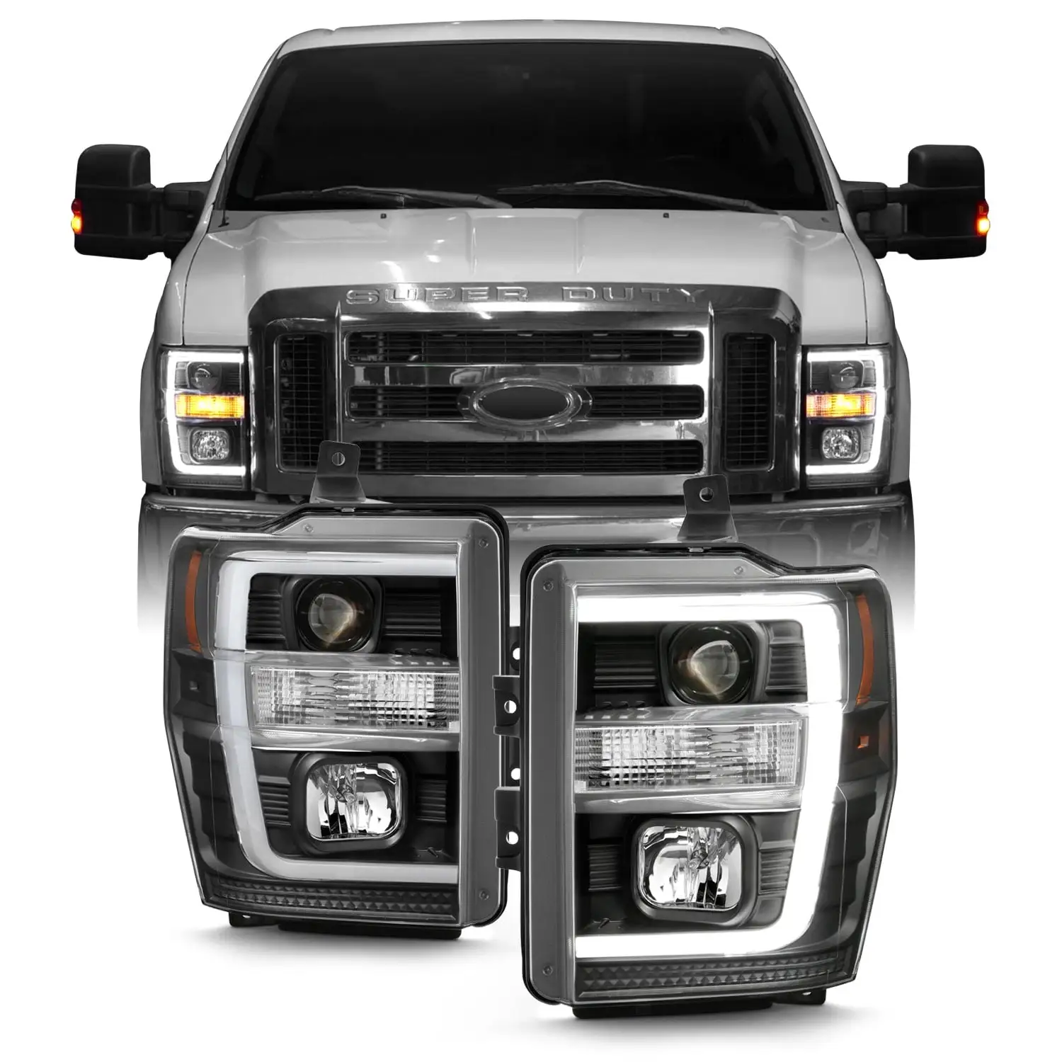 AKKON - For 2008-2010 F250 F350 F450 F550 Superduty Black LED Tube Projector Headlights Driver+Passenger Pair