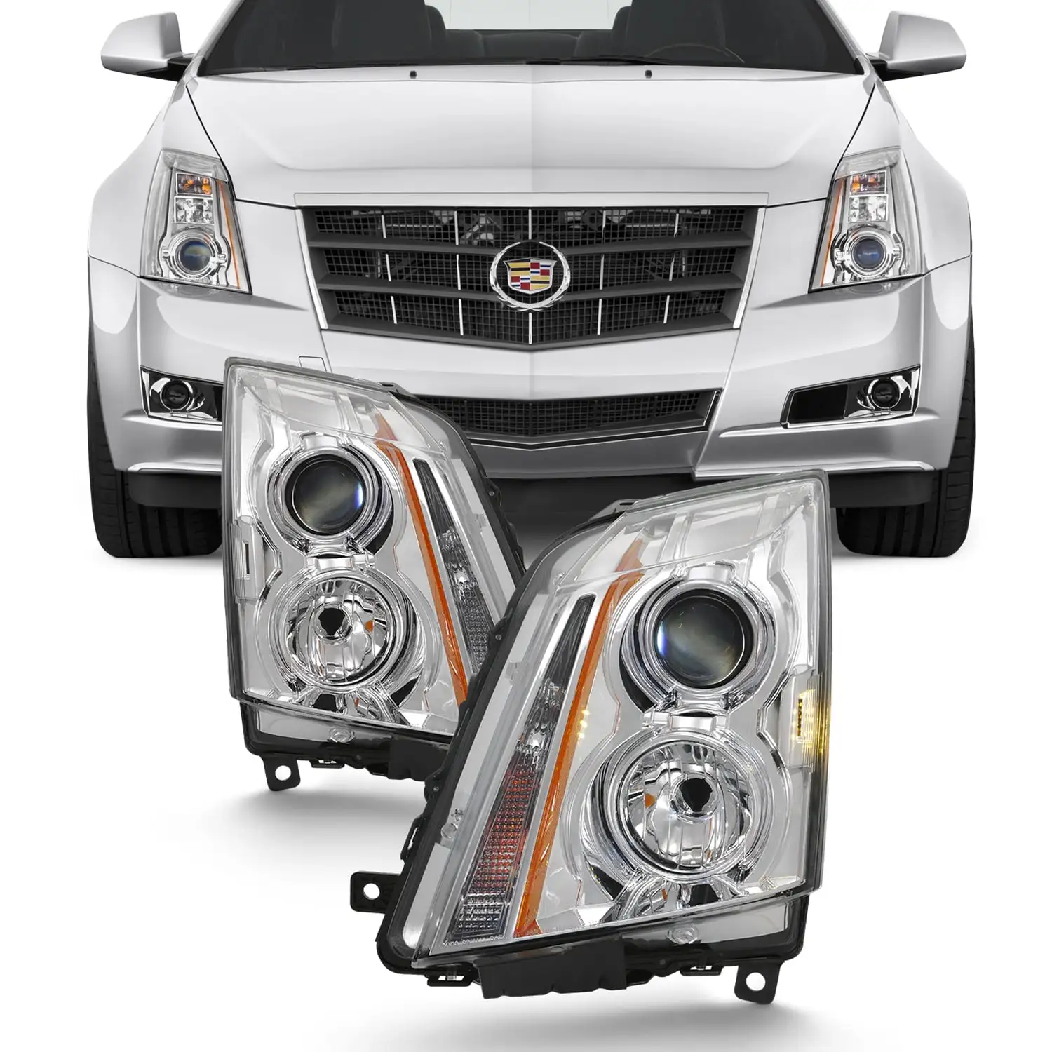 AKKON - For 2008-2014 Cadillac CTS Projector Headlight Assembly Chrome Housing Clear Lens Full Set