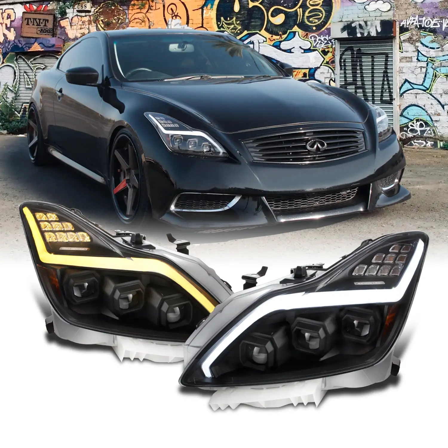 AKKON - For 2008-2015 G37 / Q60 Coupe [FULL LED Low/High Beam] W/ Sequential Signal Tube Projector Headlights