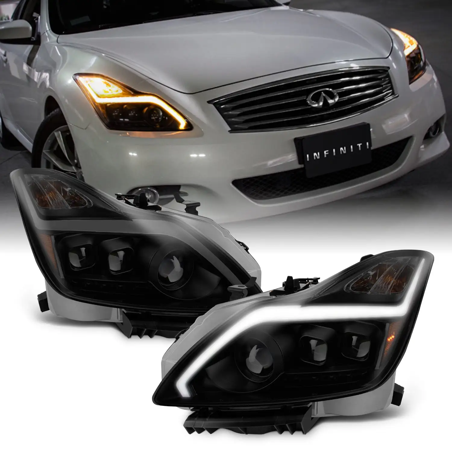 AKKON - For 2008-2015 G37 / Q60 Coupe New Black Smoked LED Sequential LED Signal Tube Projector Headlights