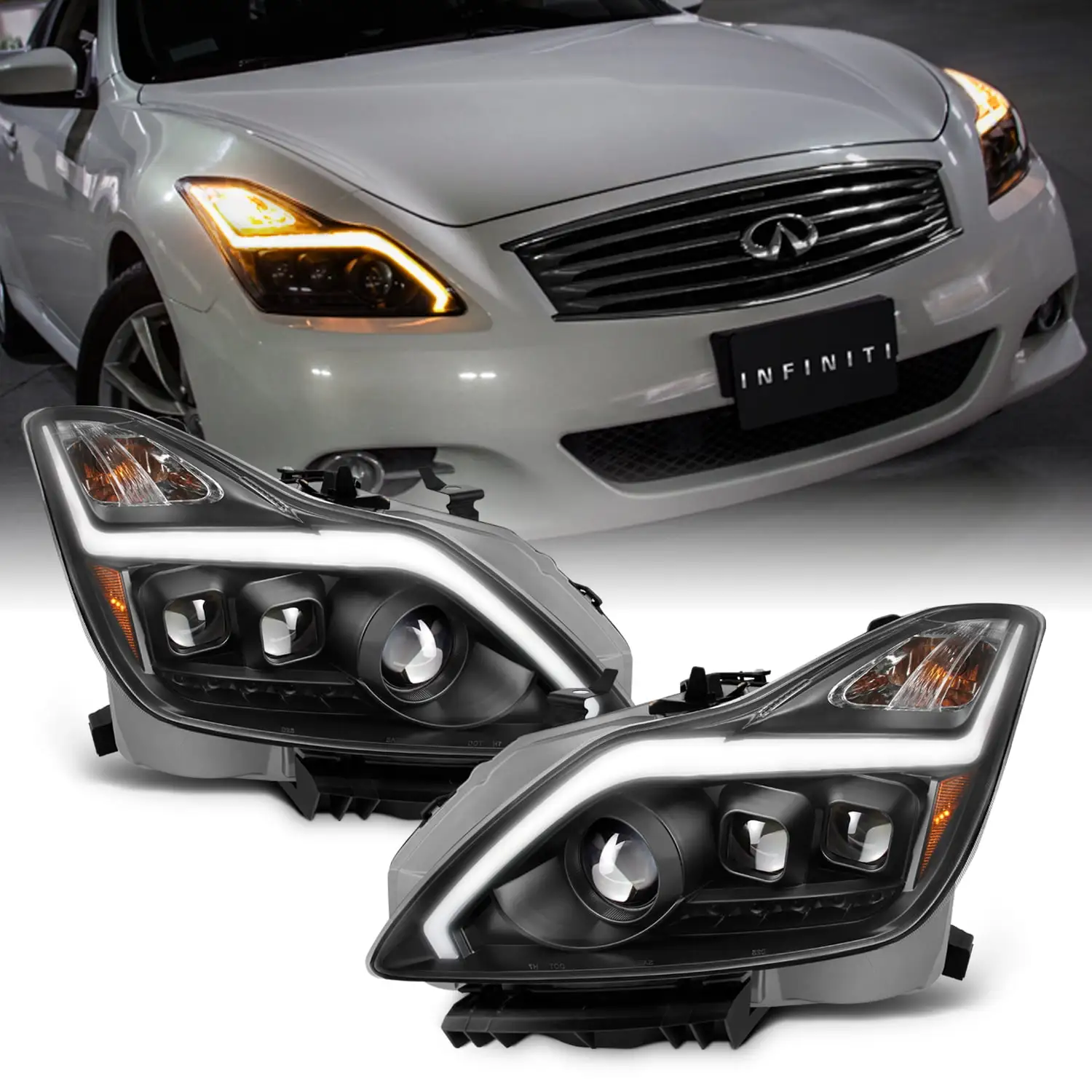 AKKON - For 2008-2015 G37 / Q60 Coupe New LED Sequential LED Signal Tube Projector Headlights