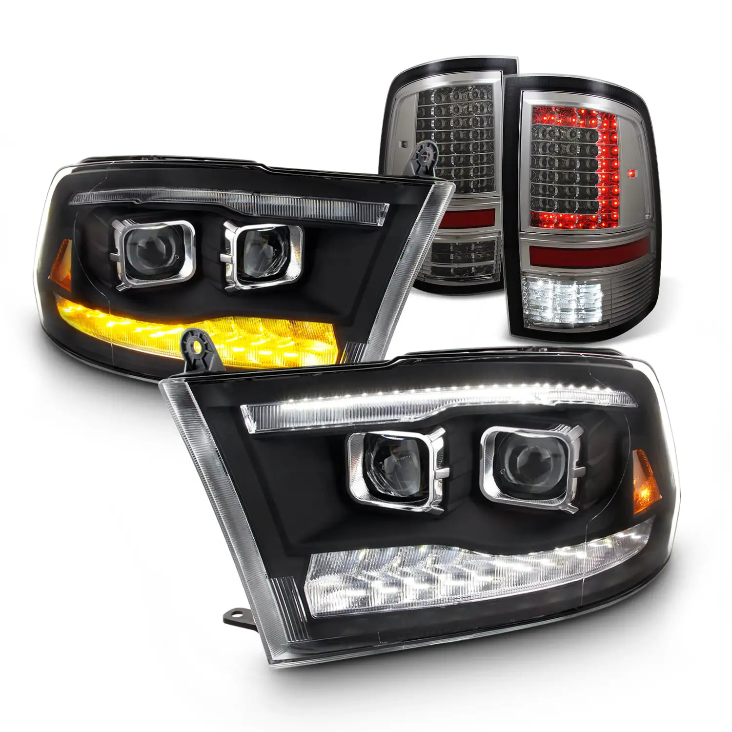 AKKON - For 2009-2018 Dodge Ram 1500 2500 3500 Superior LED Headlight Housing + Tail Light Smoke Style