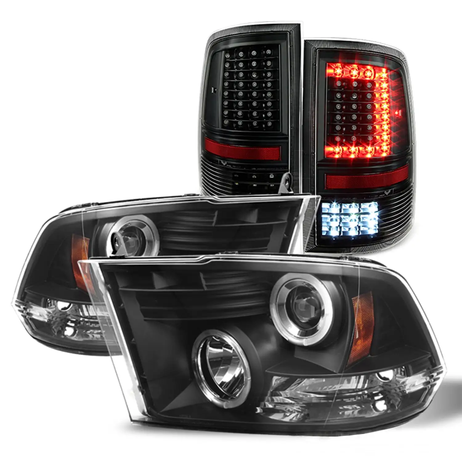 AKKON - For 2009-2018 Dodge Ram Dual Halo LED DRL Projector Headlights + LED Tail Lights [Black]