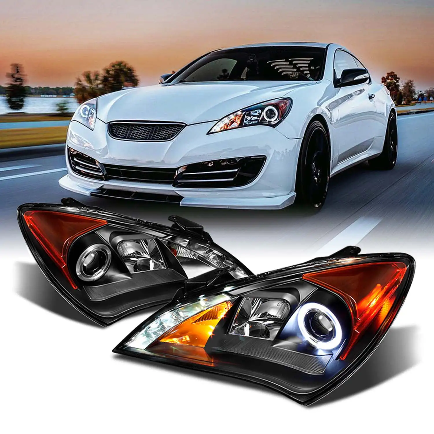 AKKON - For 2010-2012 Genesis Coupe 2Doors Black Bezel Dual Halo DRL Daylight LED Strip Projector Headlights Replacement