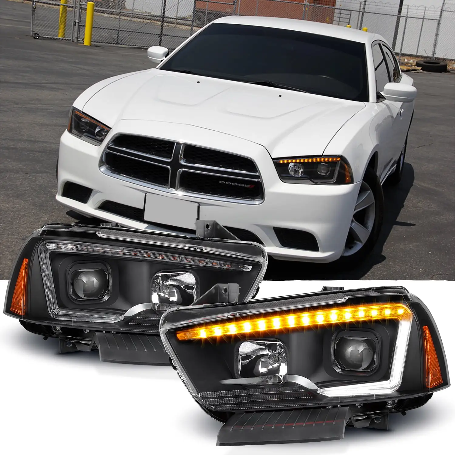 AKKON - For 2011-14 Dodge Charger Switchback LED Daytime Running Lamp Strip Projector Headlights Black Housing Clear Lens Sets