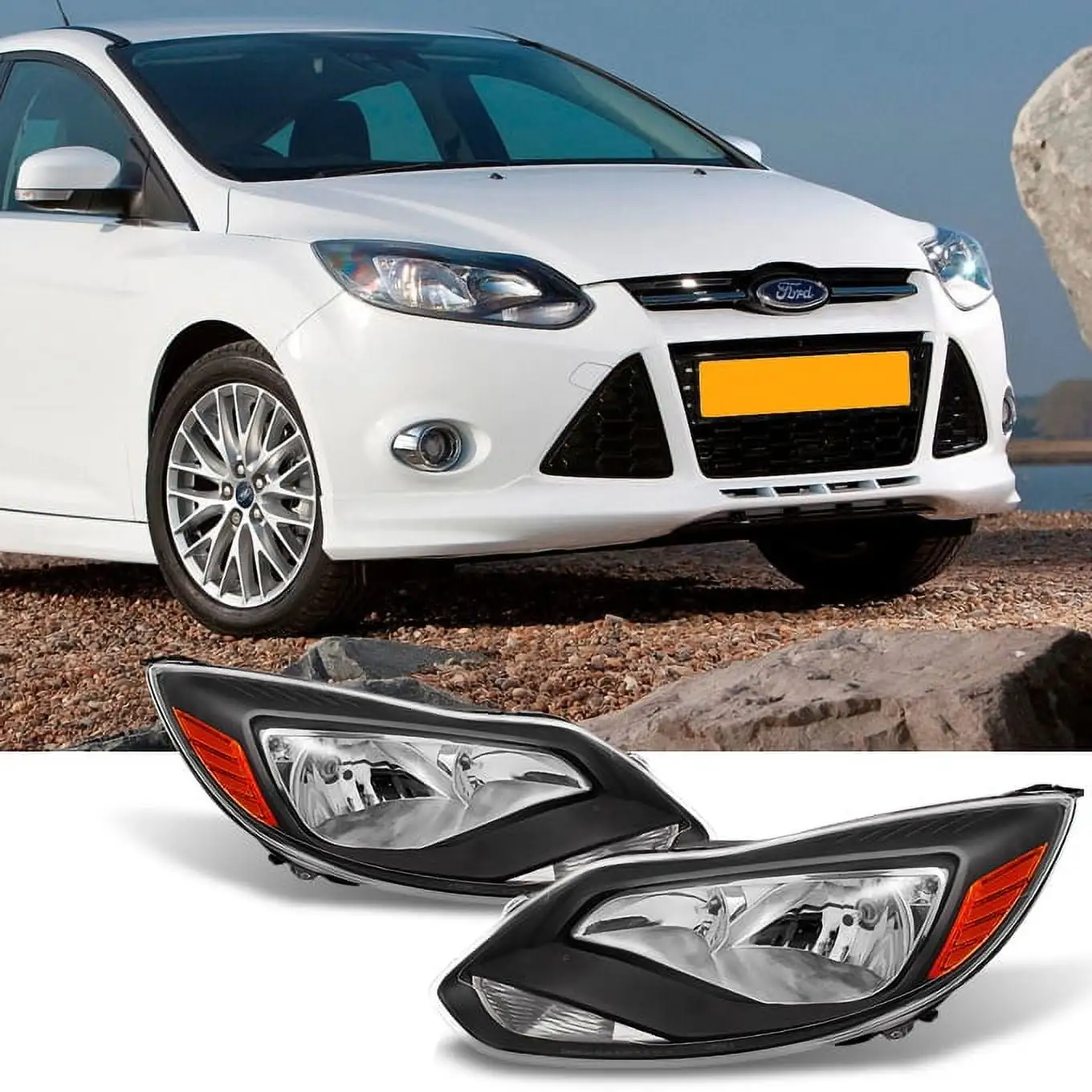 AKKON - For 2012-2014 Ford Focus Left Driver + Right Passenger Black Replacement Headlights Front Lamps Assembly