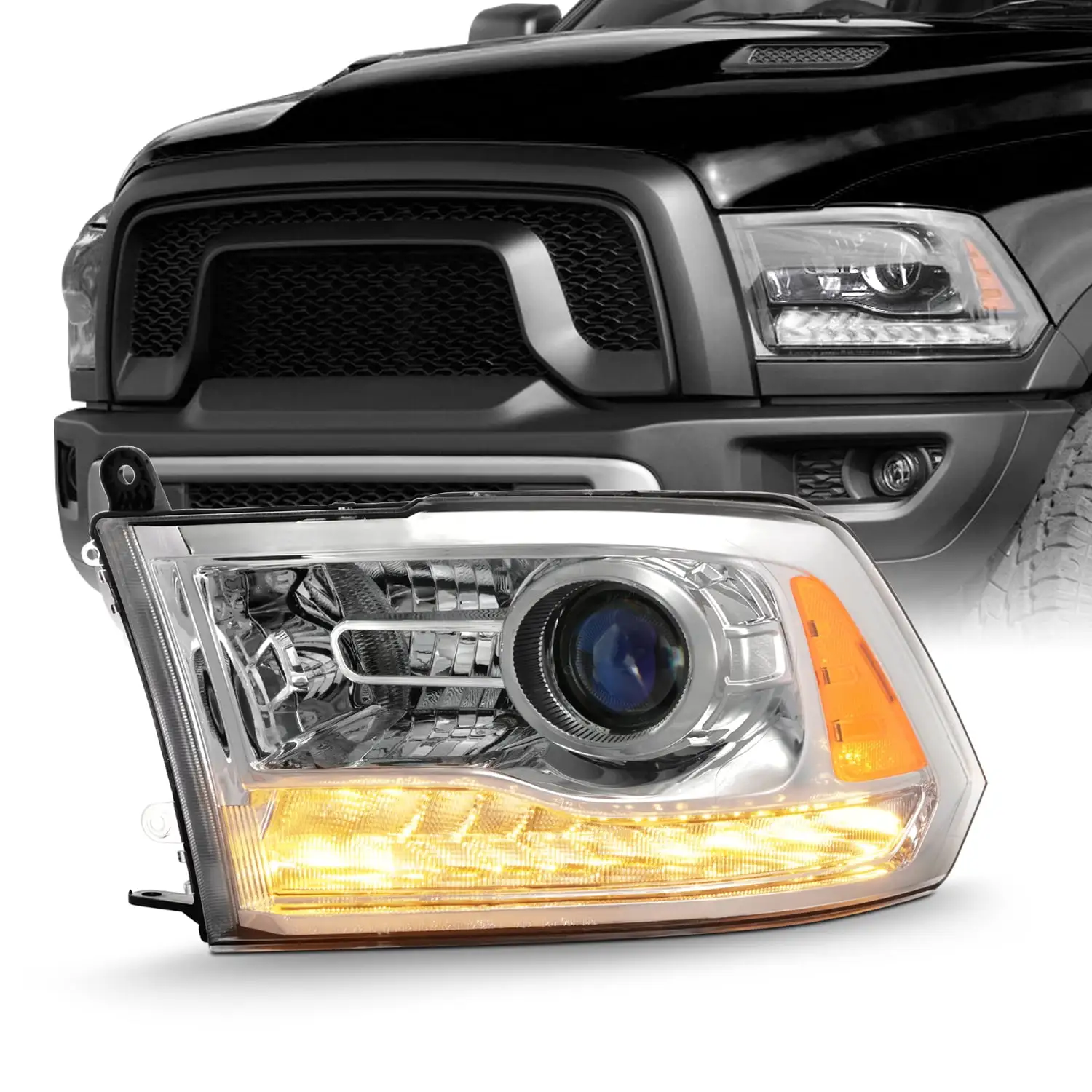 AKKON - For 2013-2015 Ram 1500 / 2500 /3500 OE Projector Chrome Headlights with LED DRL - Left Driver Side