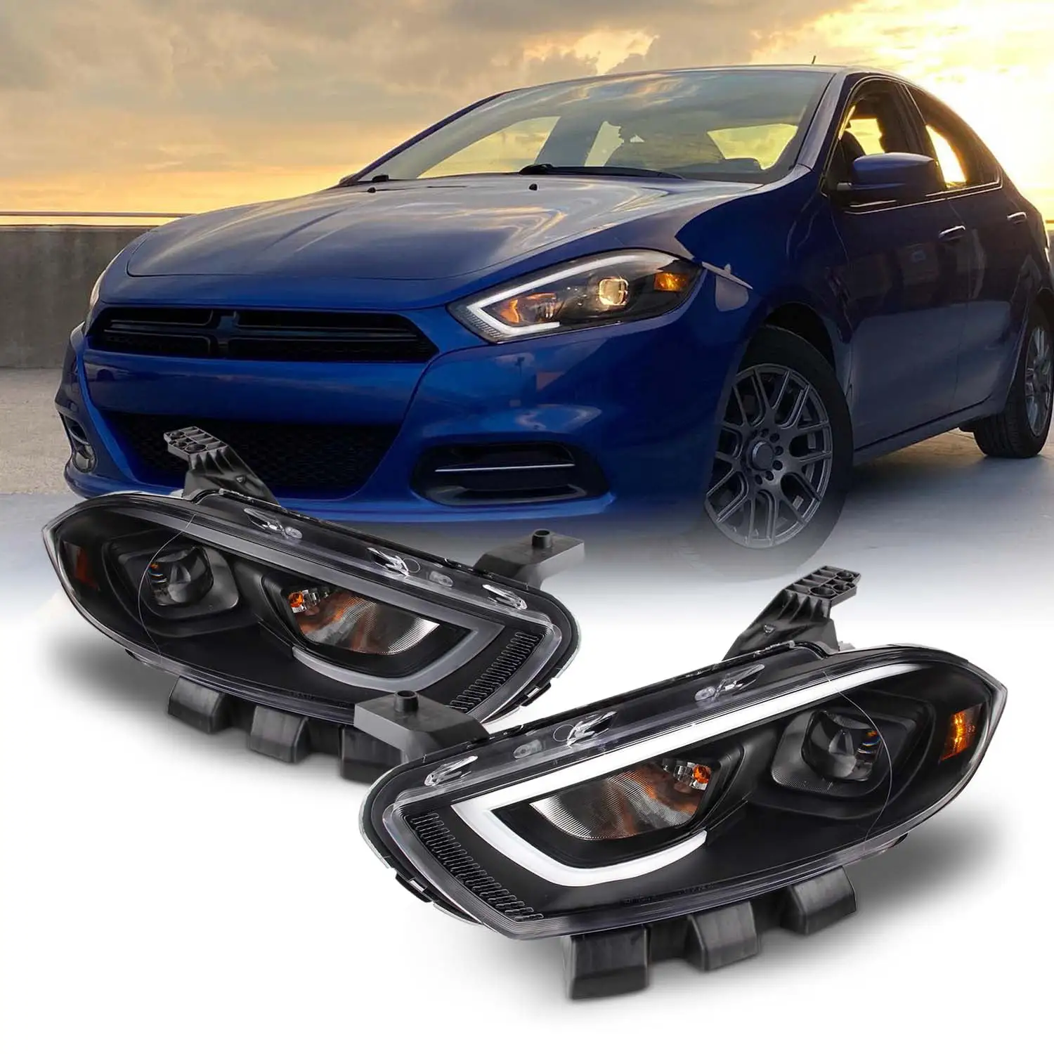 AKKON - For 2013-2016 Dodge Dart LED Light Tube DRL + Premium Projector Headlights Black Pair Housing