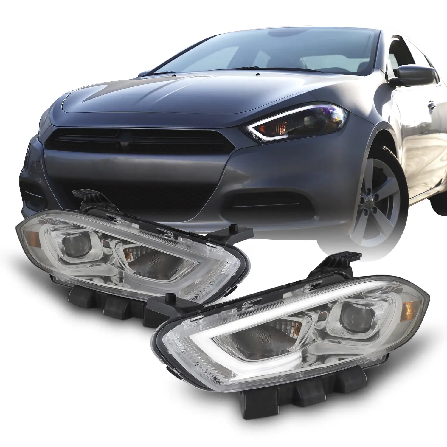 AKKON - For 2013-2016 Dodge Dart LED Light Tube DRL + Premium Projector Headlights Chrome Pair Housing