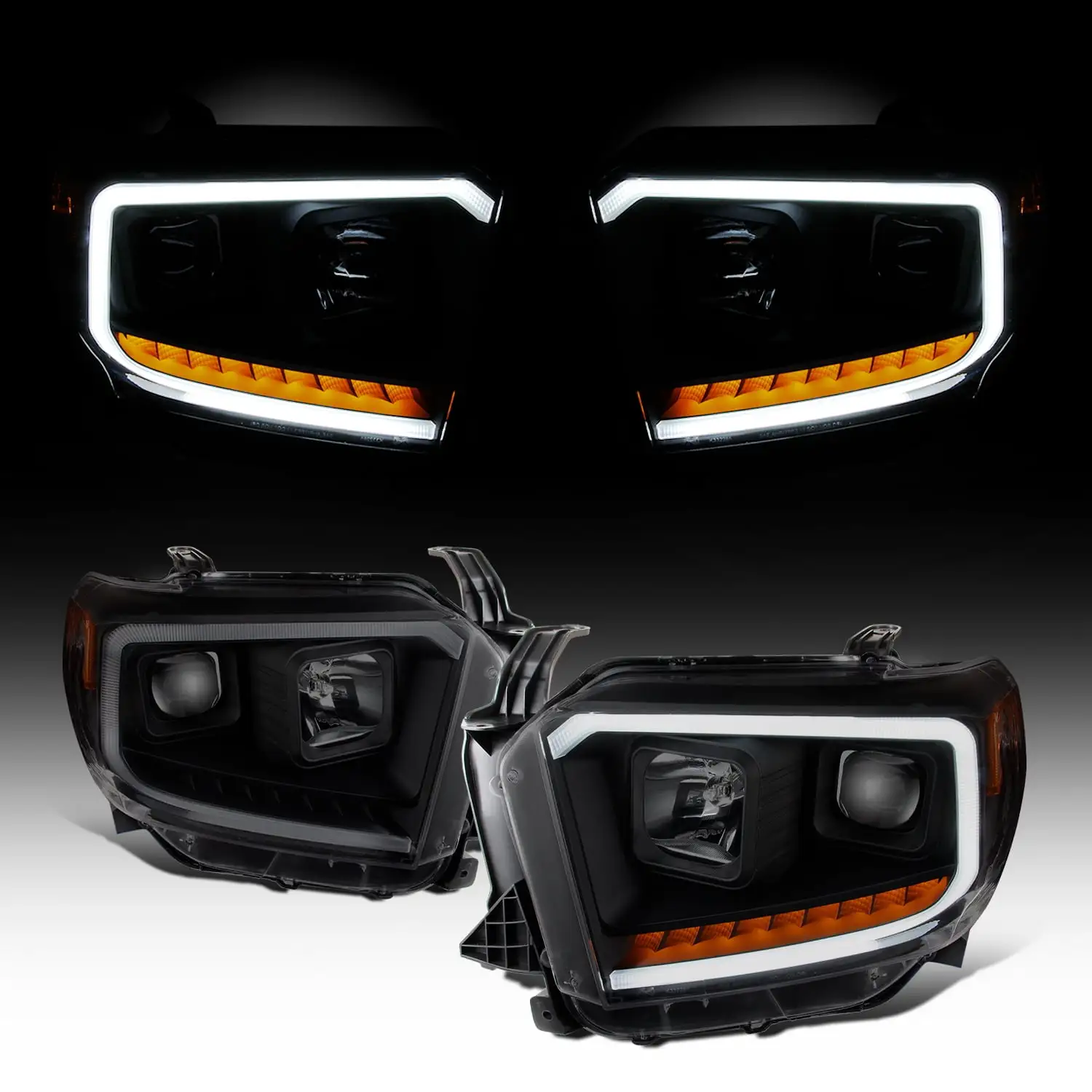 AKKON - For 2014 2015 2016 2017 2018 2019 2020 2021 Toyota Tundra Light Tube Projector Black Smoke Headlights Headlamps