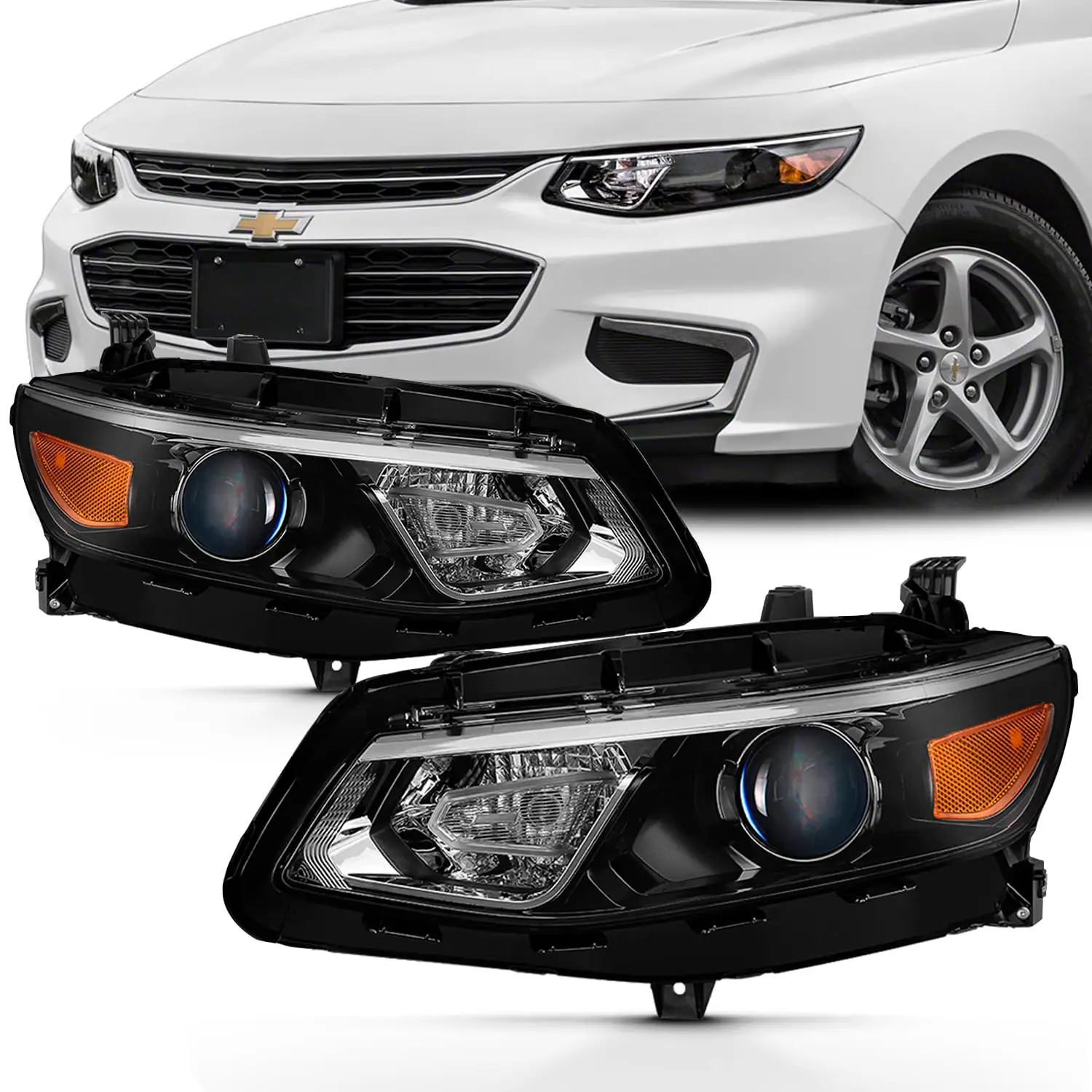 AKKON - For 2016-2022 Cherolet Malibu Driver + Passenger Side Projector Headlight Assembly Black Housing Clear Lens Set